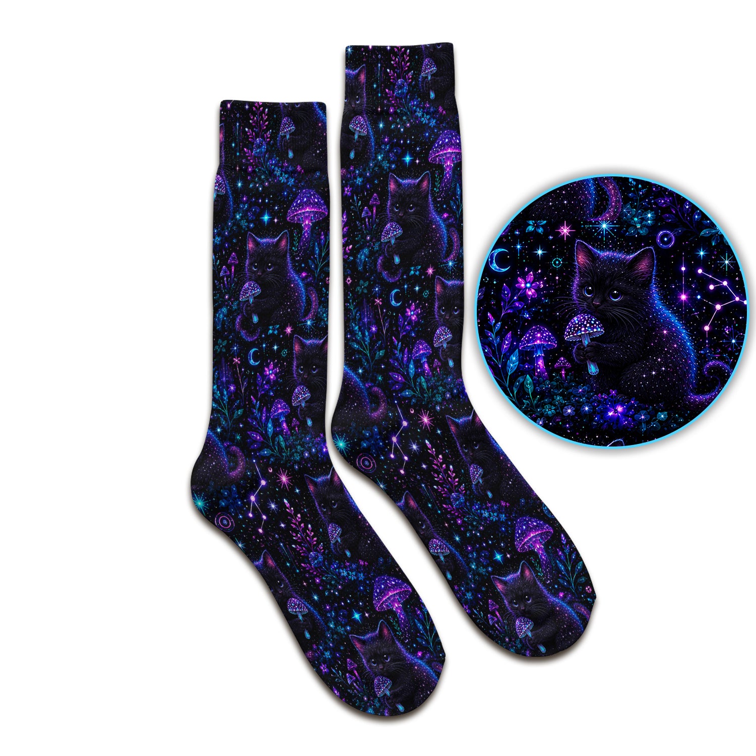 Neon Black Cat Mushroom Galaxy Pattern Socks, Adult Socks for Men and Women