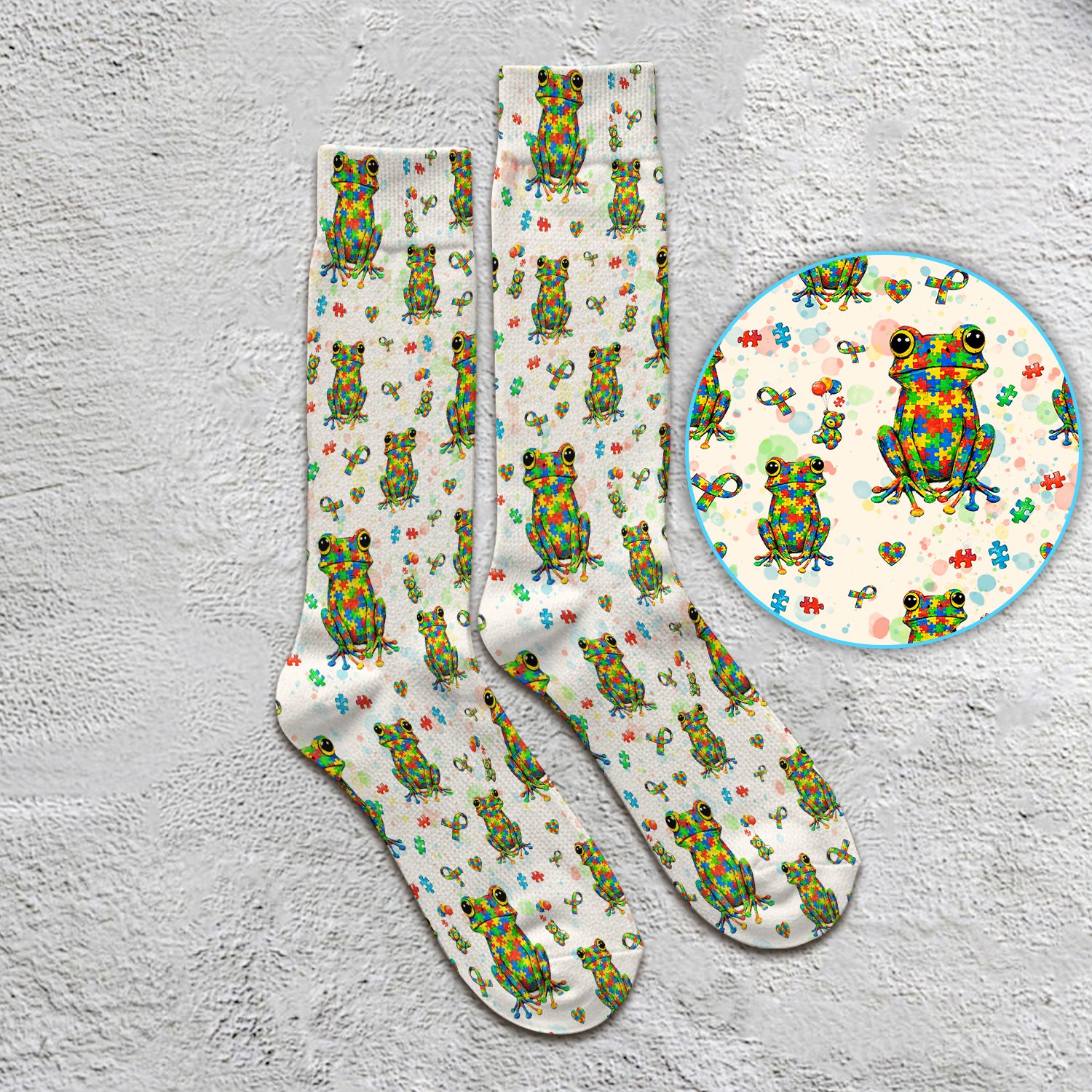 Colorful Autism Puzzle Frog Pattern Socks, Adult Socks for Men and Women