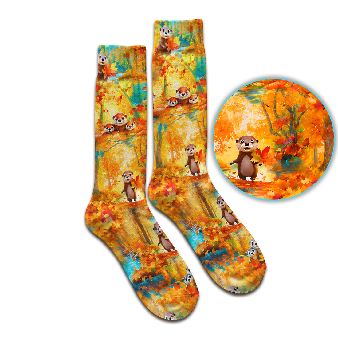 Cute Autumn Otter Leaf Forest Pattern Socks, Adult Socks for Men and Women