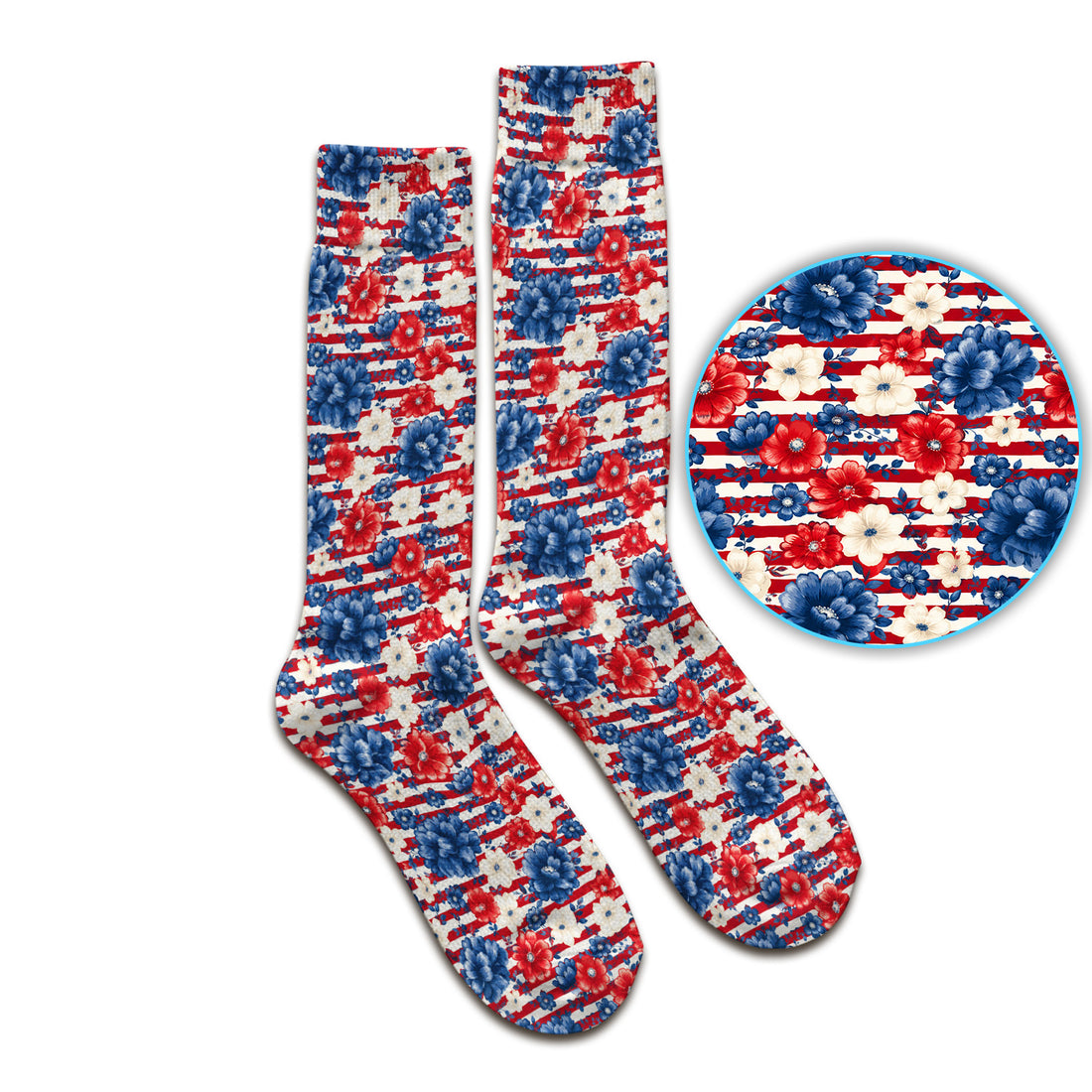Patriotic Nurse Floral Stripe Pattern Socks, Adult Socks for Men and Women