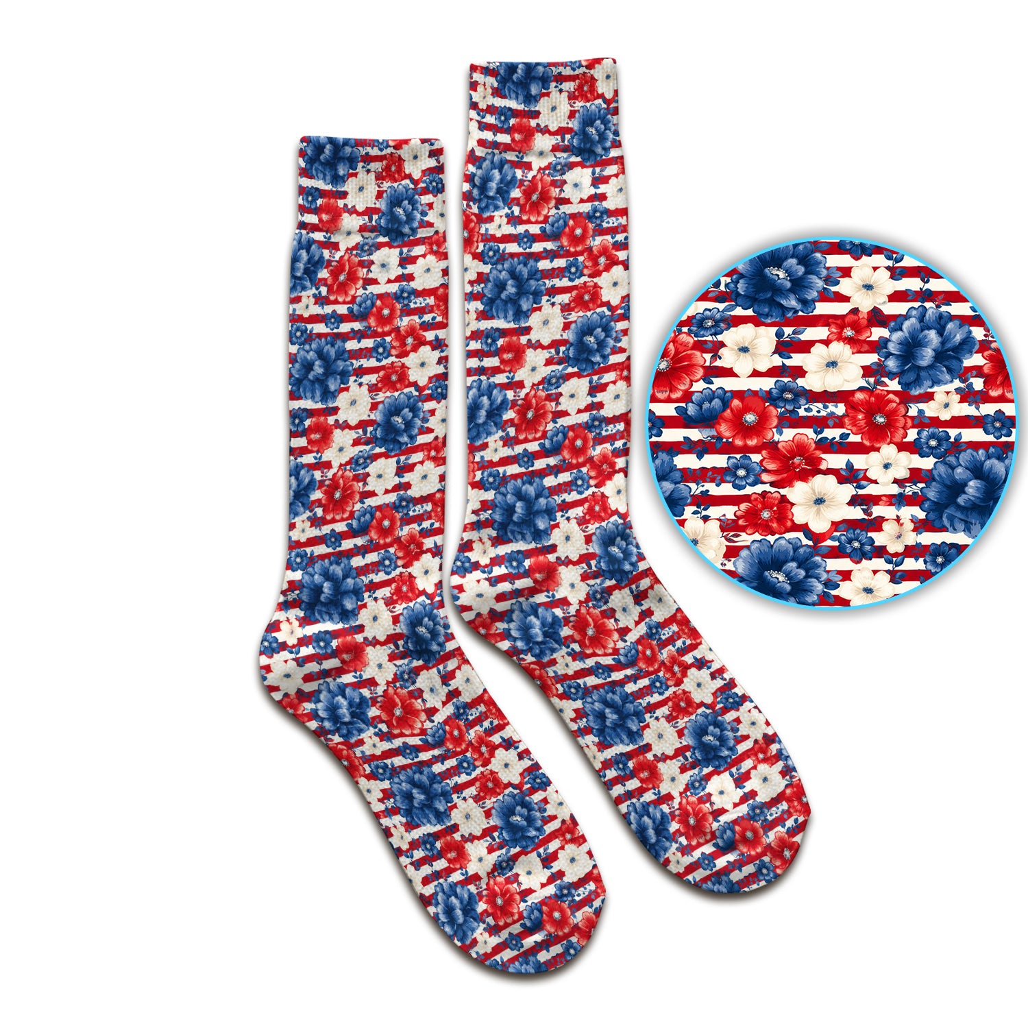 Patriotic Nurse Floral Stripe Pattern Socks, Adult Socks for Men and Women