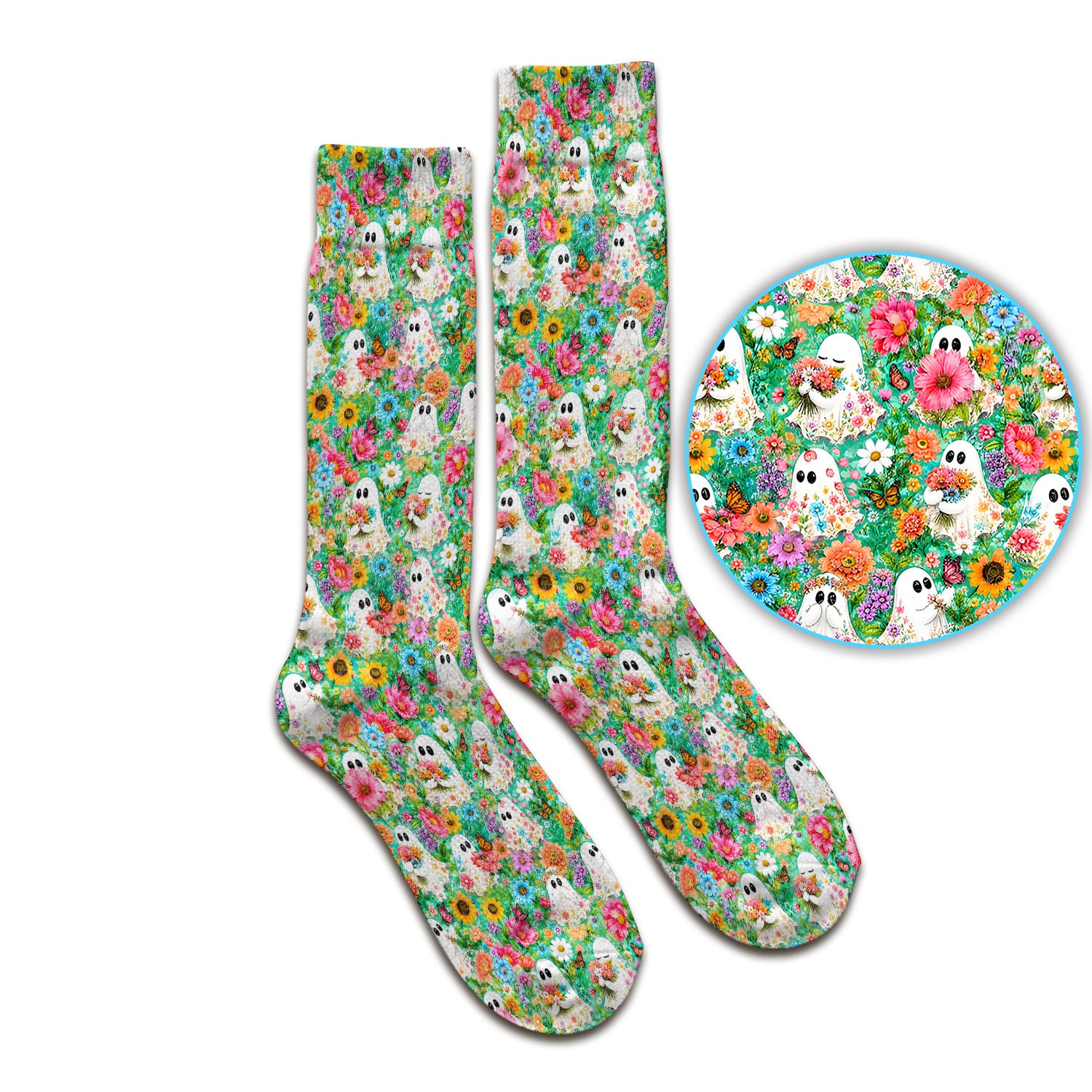 Cute Halloween Floral Ghosts Socks, Adult Socks for Men and Women