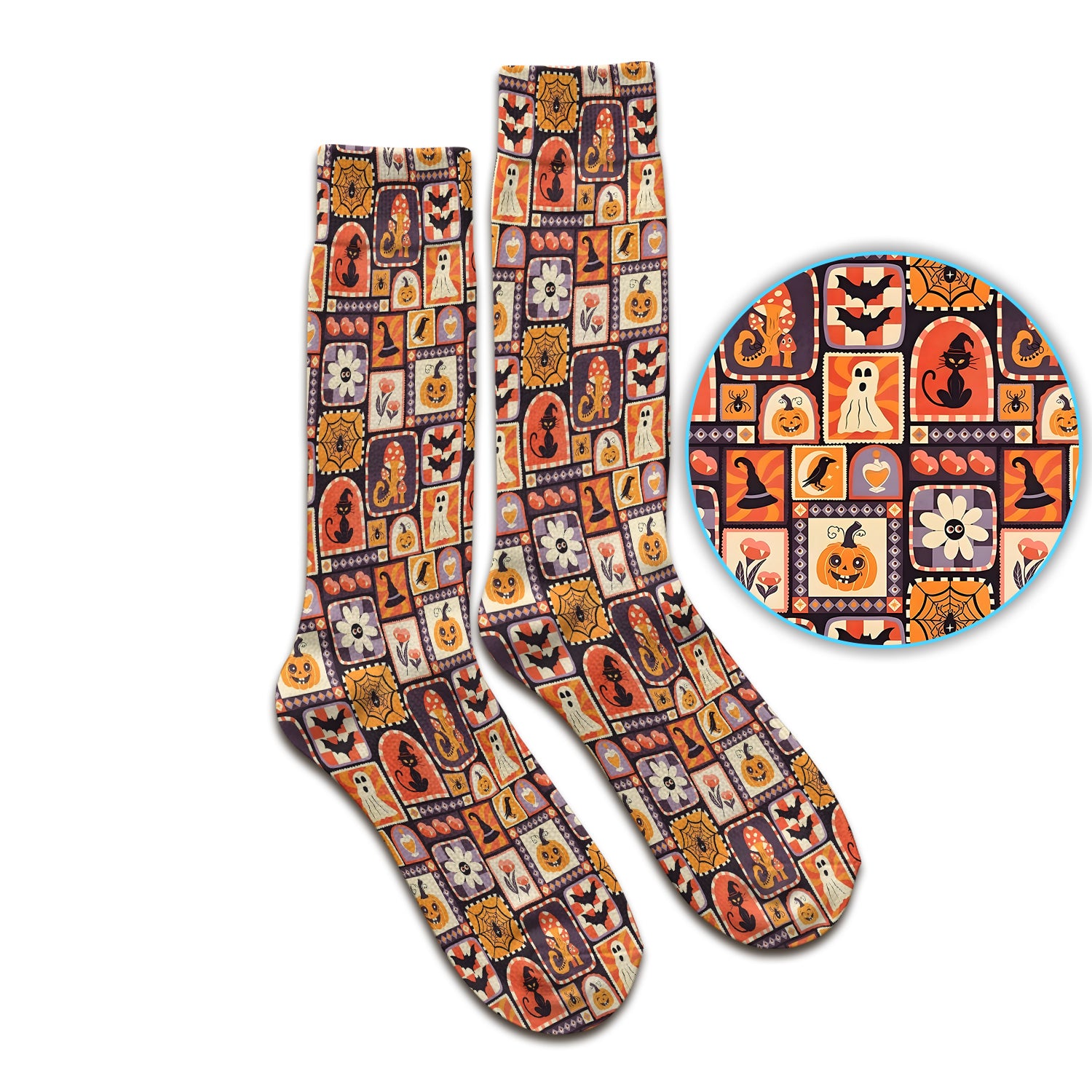 Retro Halloween Patchwork Icons Socks, Adult Socks for Men and Women