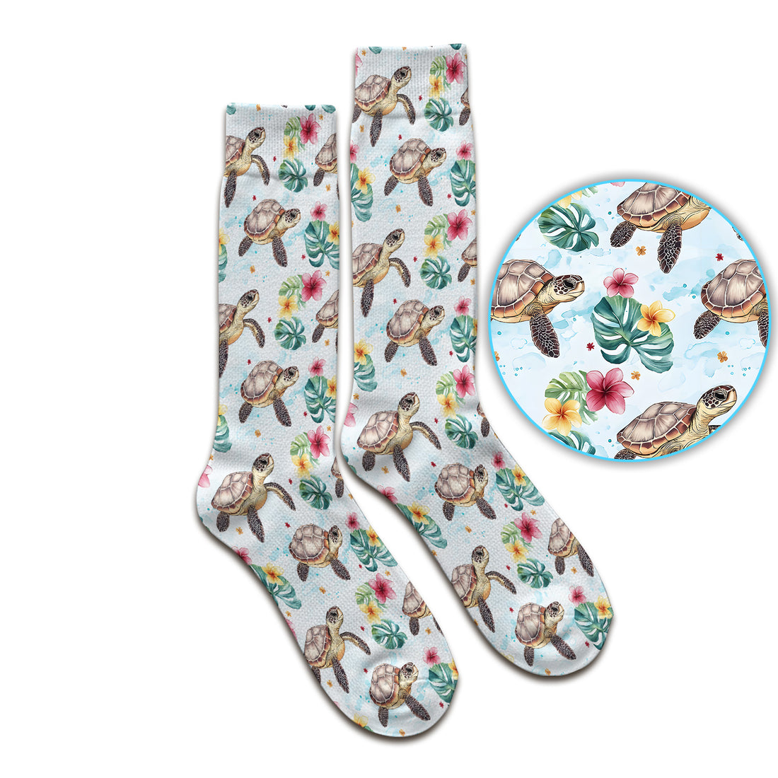 Sea Turtle Tropical Floral Pattern Socks, Adult Socks for Men and Women