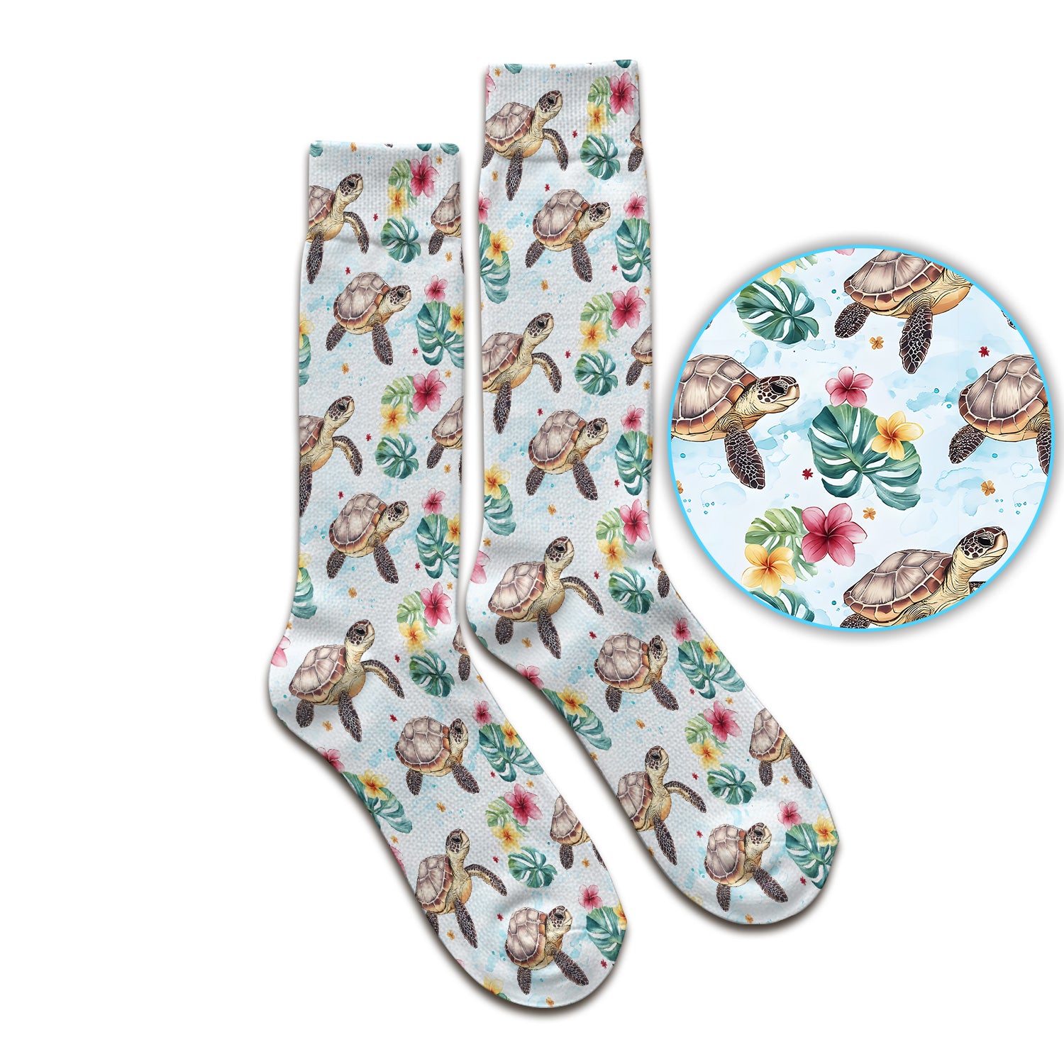 Sea Turtle Tropical Floral Pattern Socks, Adult Socks for Men and Women