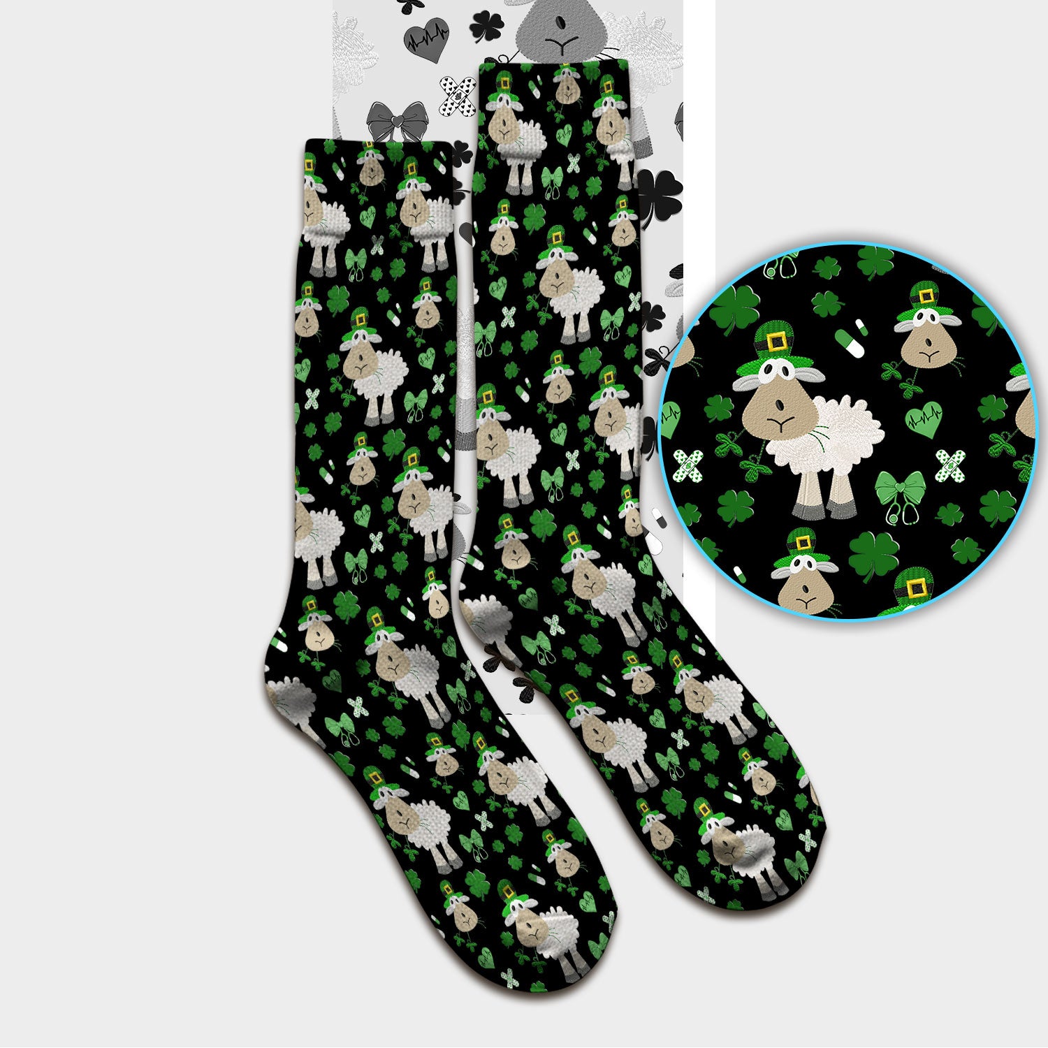 Nurse St. Patrick Scrubs Socks, Cute Sheep Shamrock Pattern Nurse Sock, Breathable Fabrics Nursing Uniform