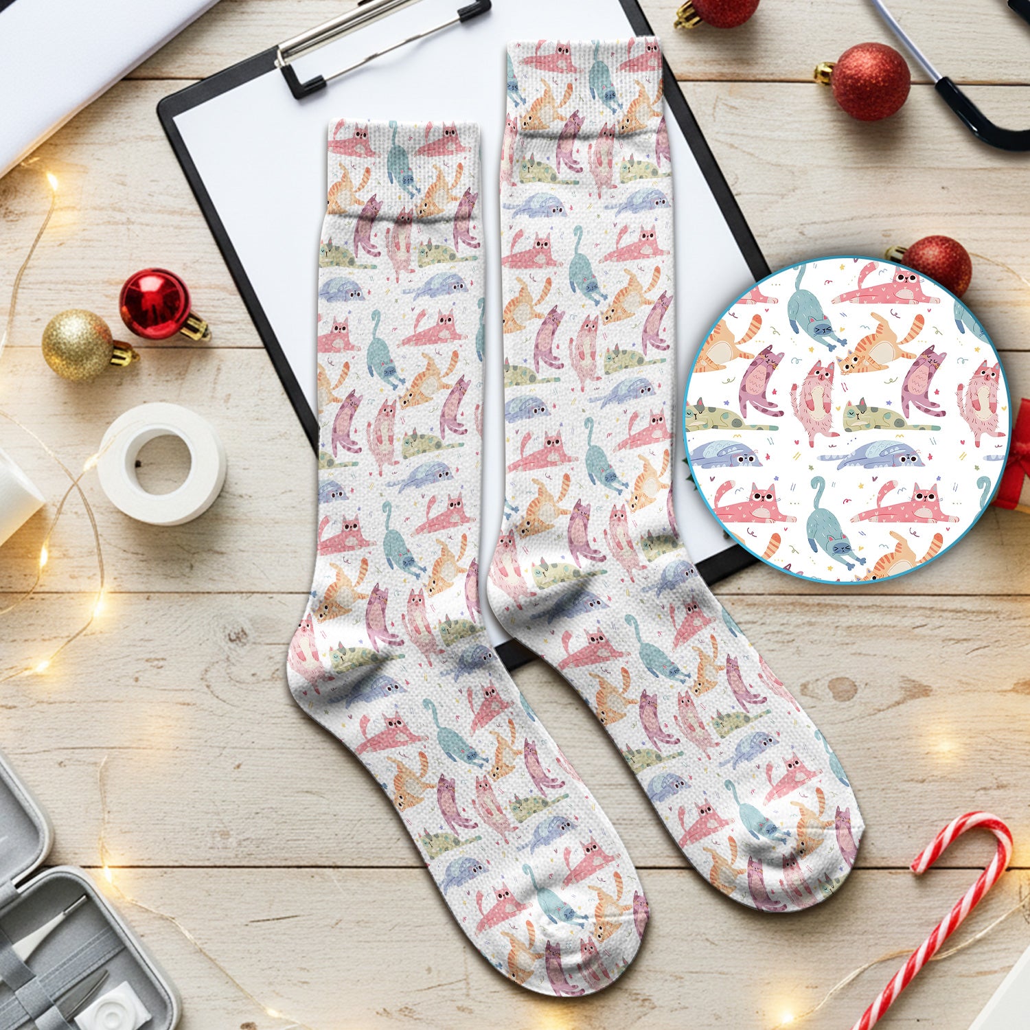 Funny Pastel Cat Pattern Medical Scrub Socks, Breathable Fabrics Nursing Uniform