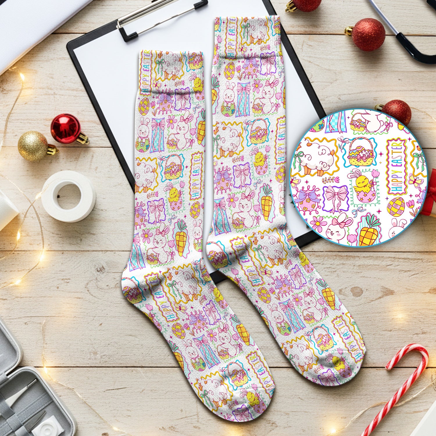 Cute Easter Bunny Egg and Bow Print Socks, Breathable Fabrics Medical Uniform