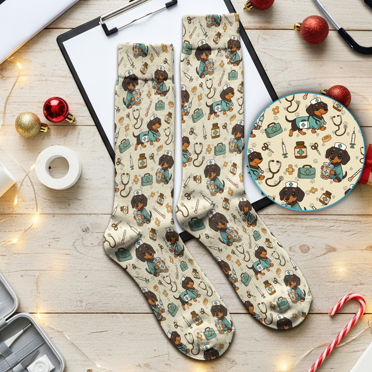Funny Dachshund Nurse Scrubs Socks - Cute Dog Print Medical Sock - Holiday Nurse Scrub Gift for RN CNA Doctor