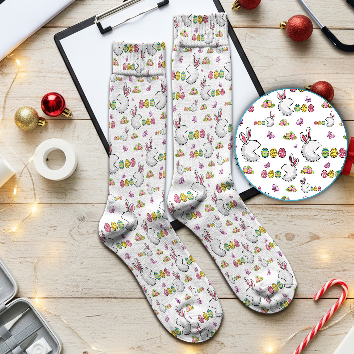 Easter Bunny and Colorful Eggs Print Socks, Breathable Fabrics Medical Uniform