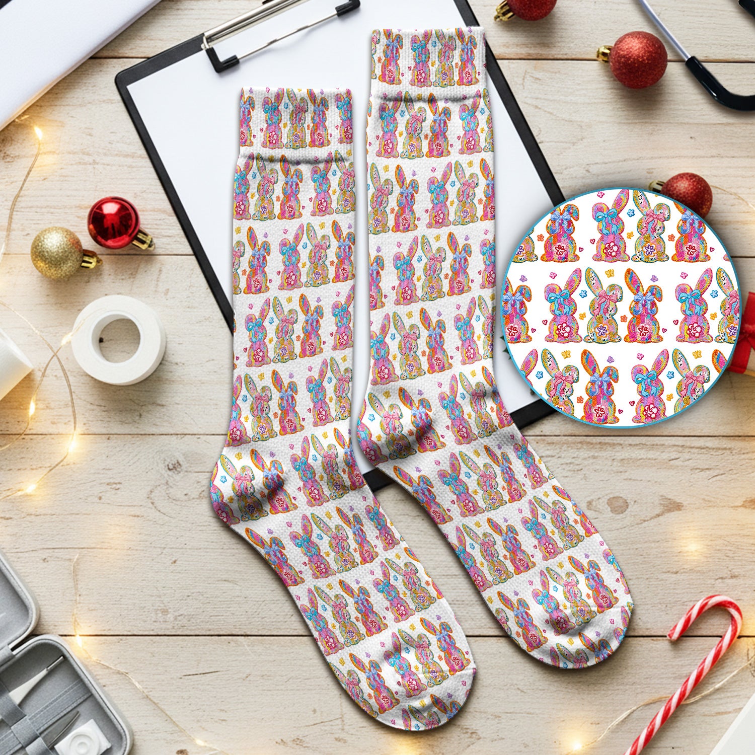 Cute Pastel Bunny Floral Patternt Socks, Breathable Fabrics Medical Uniform