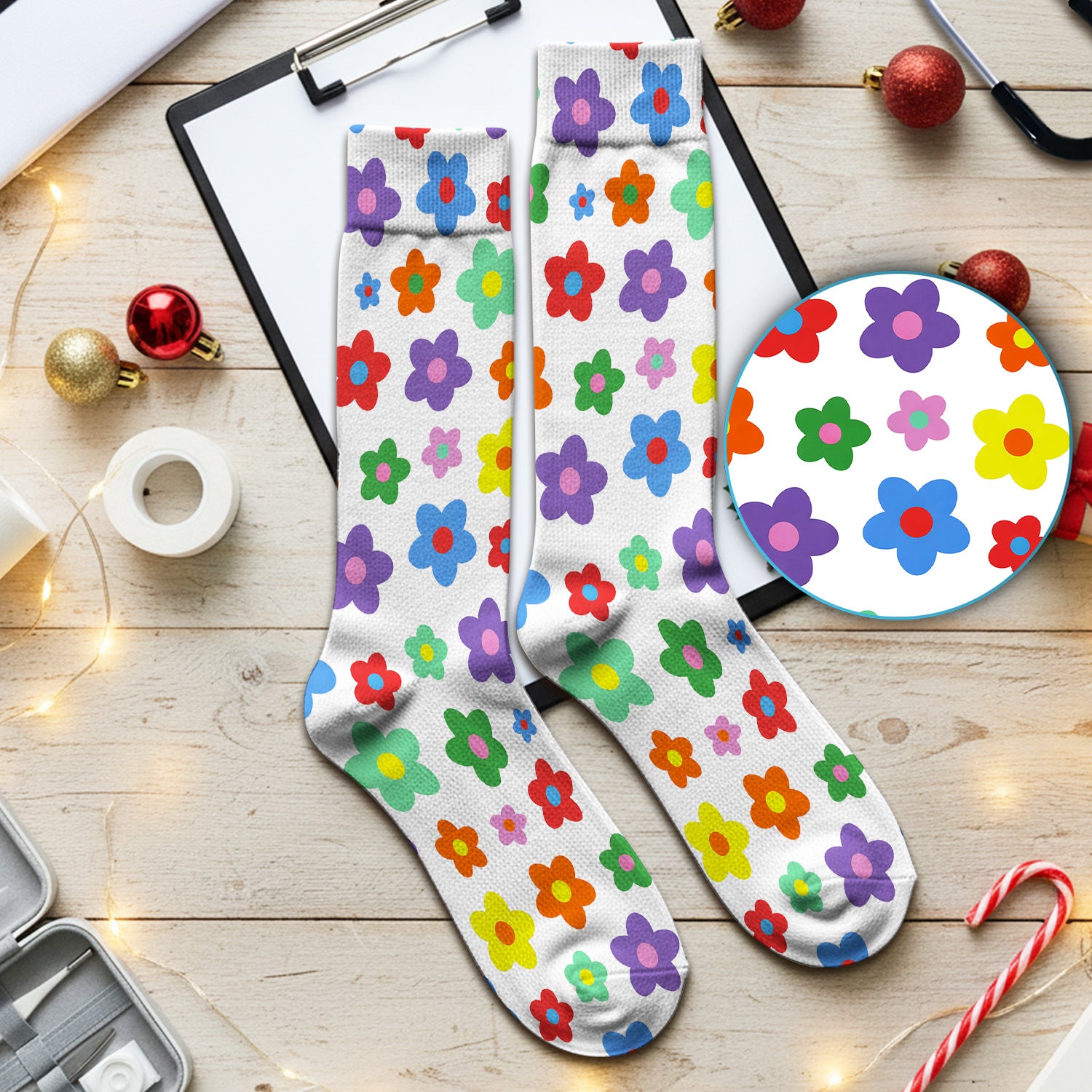 Colorful Retro Flower Pattern Print Socks, Breathable Fabrics Medical Uniform