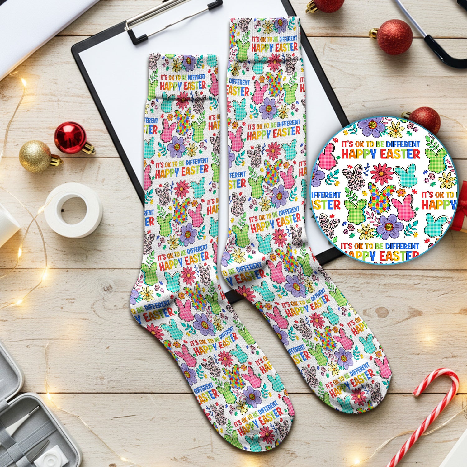 Happy Easter Bunny Floral Print Socks, Breathable Fabrics Medical Uniform
