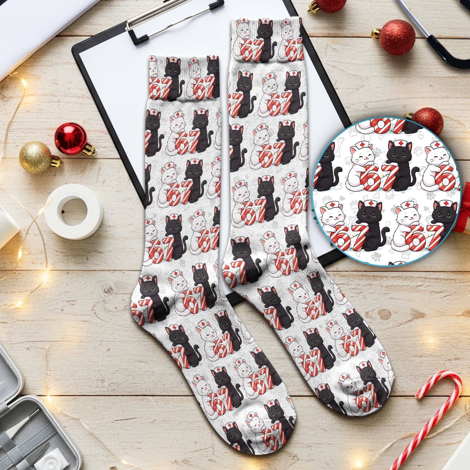 Xmas Cat Pattern Scrub Socks, Christmas Nurse Six Seven With Cat Scrub Sock, Breathable Fabrics Nursing Uniform