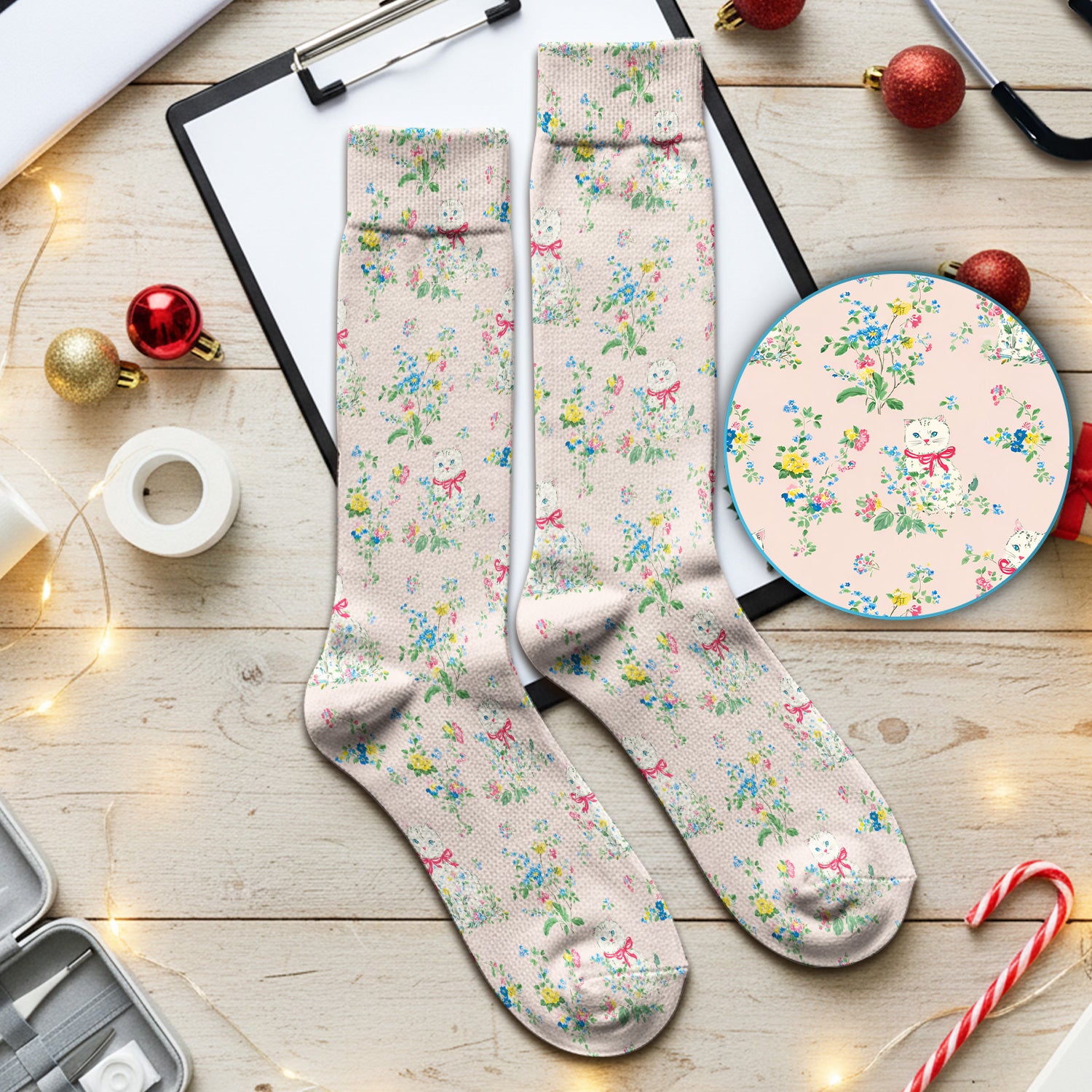 Vintage Floral Cat Pattern Socks, Adult Socks for Men and Women