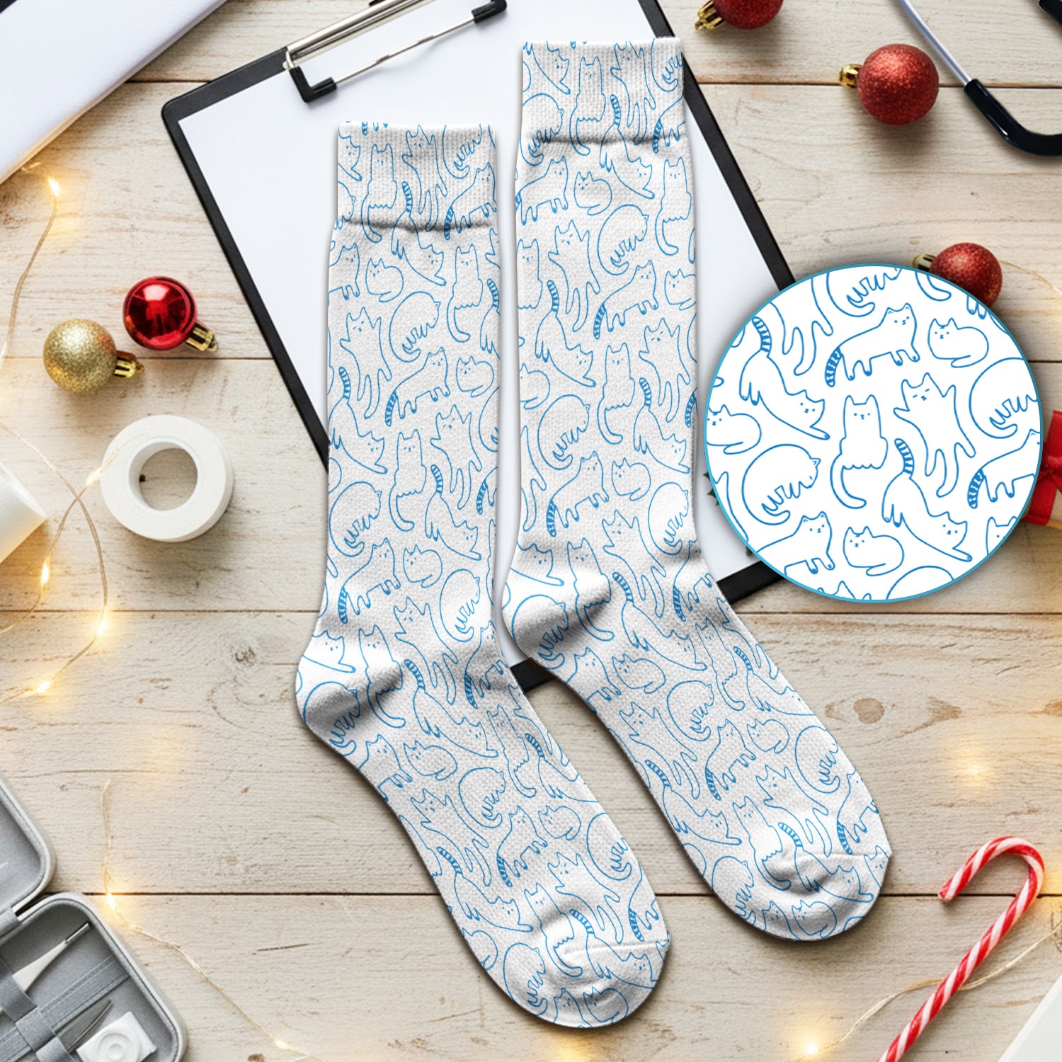 Artistic Cat Pattern Medical Scrub Socks, Breathable Fabrics Nursing Uniform