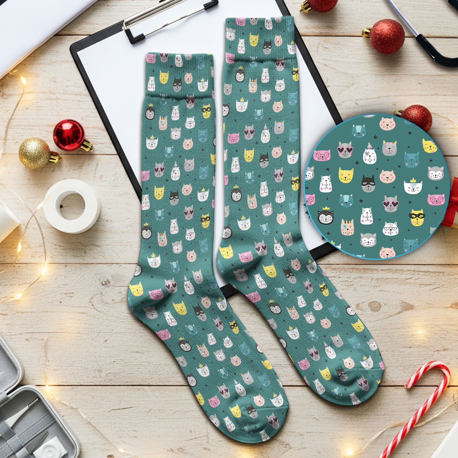 Cute Colorful Cat Pattern Medical Socks, Breathable Fabrics Medical Uniform