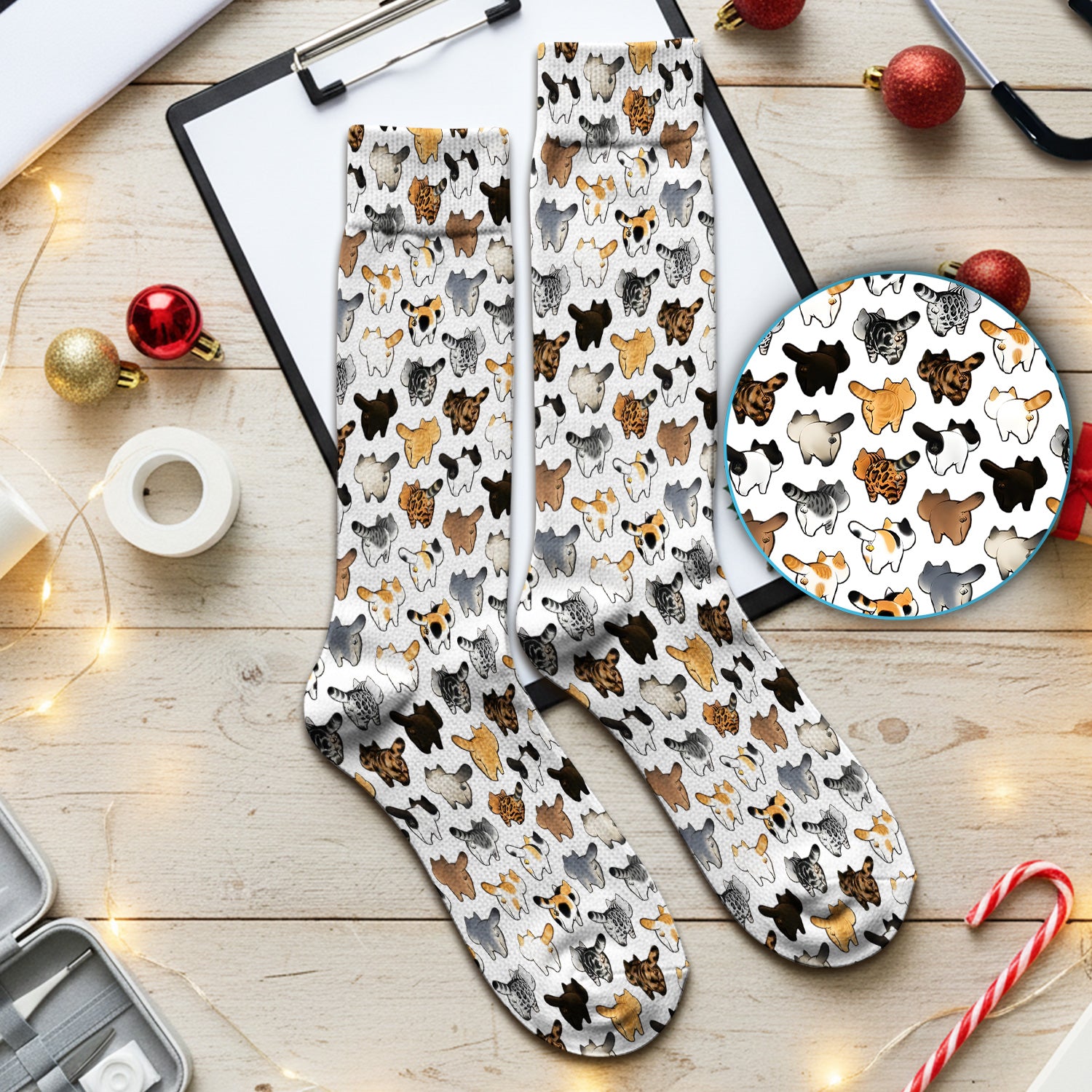 Cat Butt Pattern Medical Scrub Socks, Breathable Fabrics Nursing Uniform