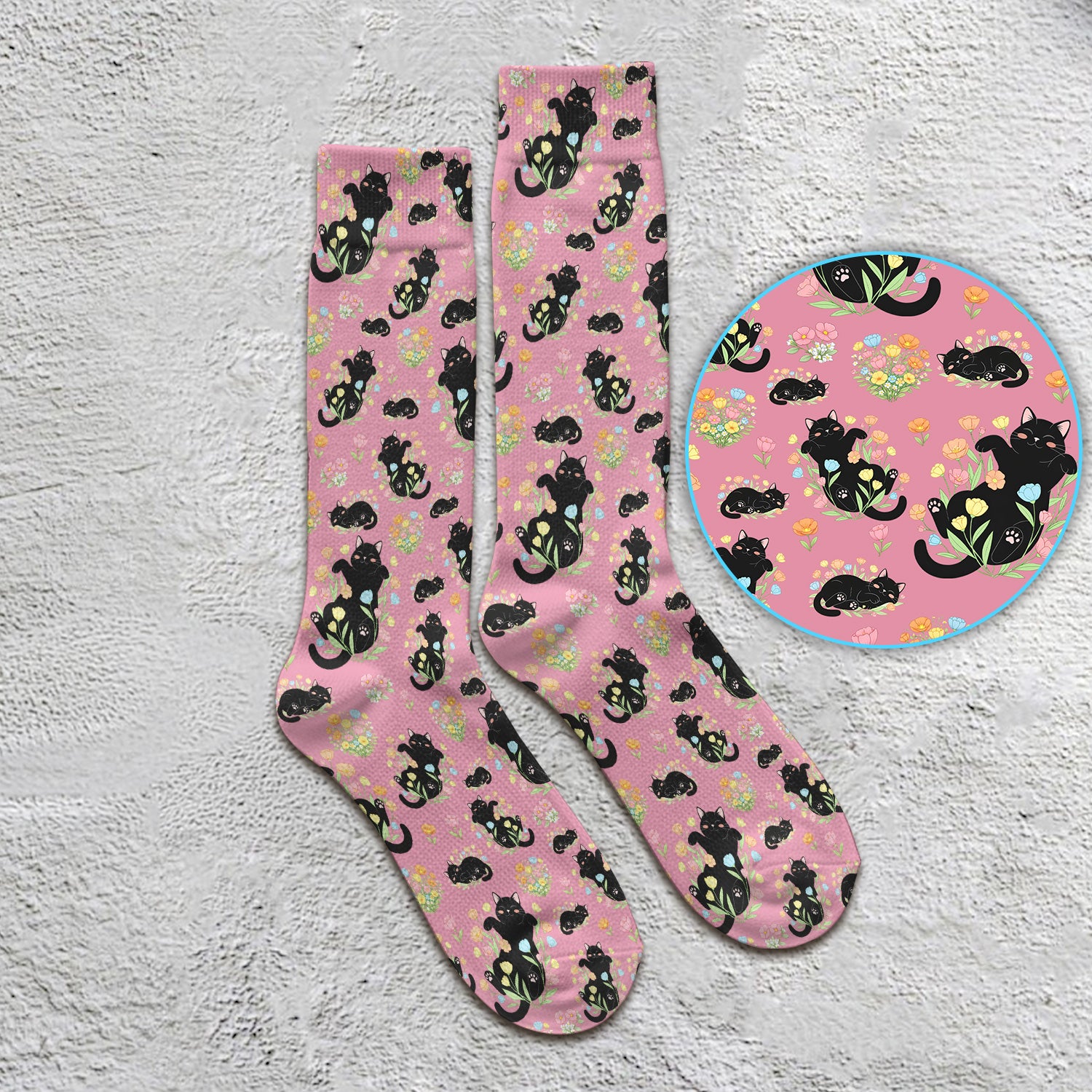 Cats With Cute Poses Floral Pattern Socks, Adult Socks for Men and Women