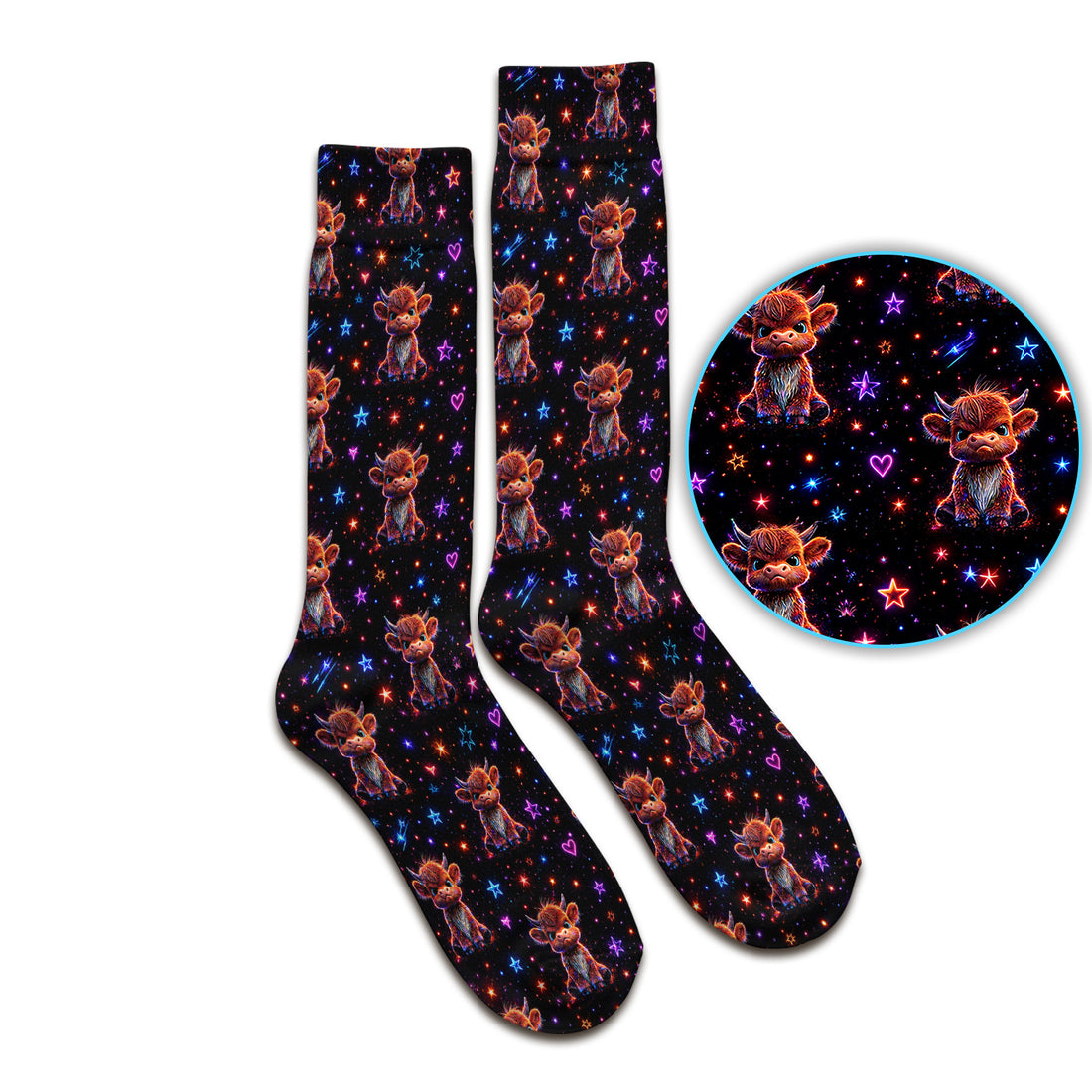 Neon Highland Cow Stars Pattern Socks, Adult Socks for Men and Women