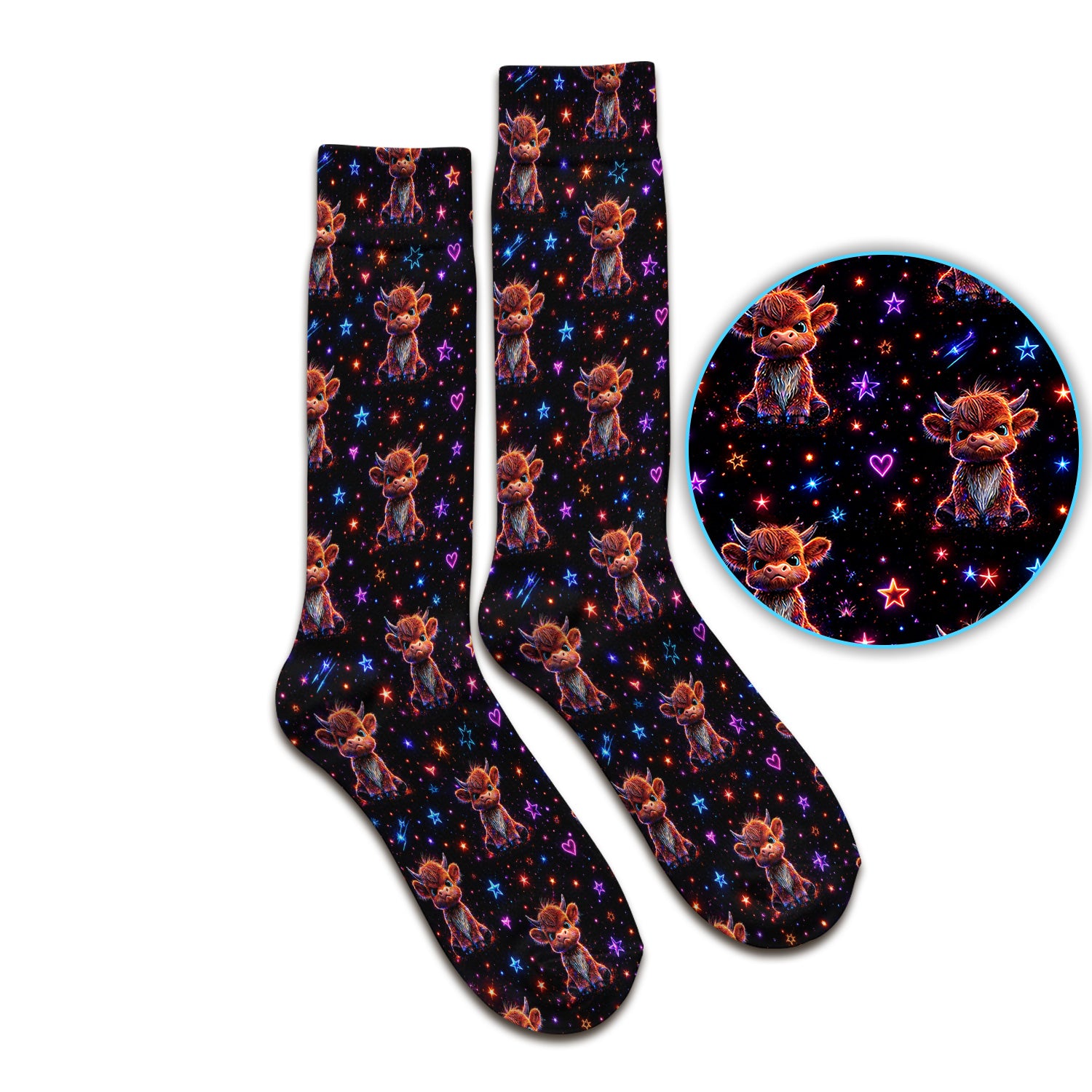 Neon Highland Cow Stars Pattern Socks, Adult Socks for Men and Women