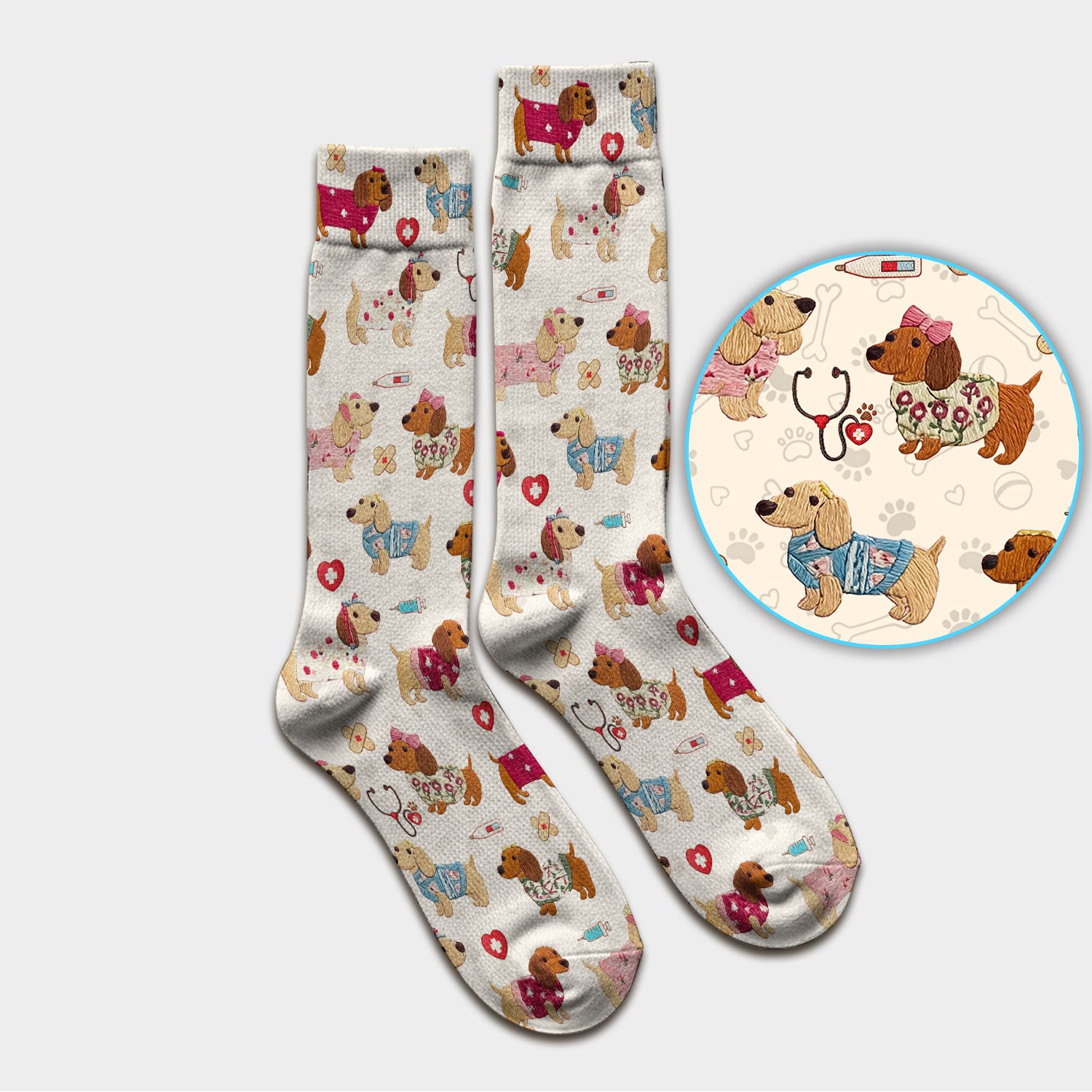 Cute Medical Wiener Dog Pattern Nurse Socks, Dachshund Nursing Scrub Sock, Breathable Fabrics Nursing Uniform