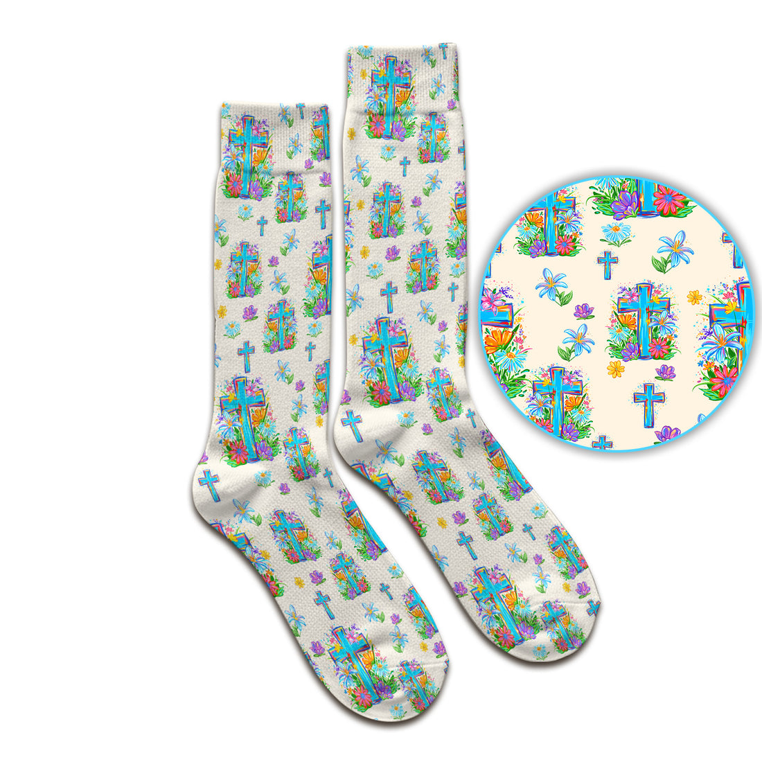 Christian Floral Cross Spring Pattern Socks, Breathable Fabrics Medical Uniform