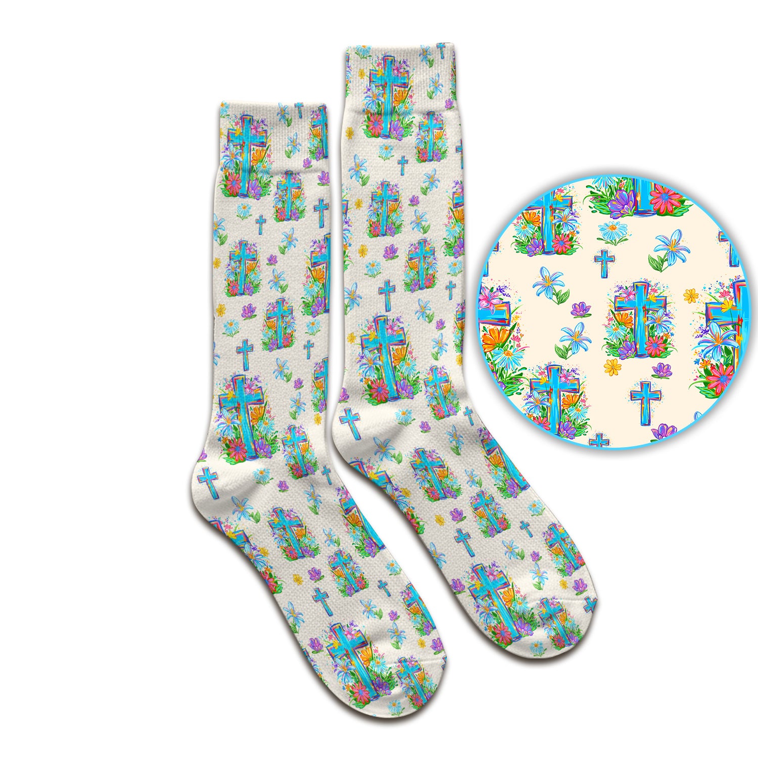 Christian Floral Cross Spring Pattern Socks, Breathable Fabrics Medical Uniform