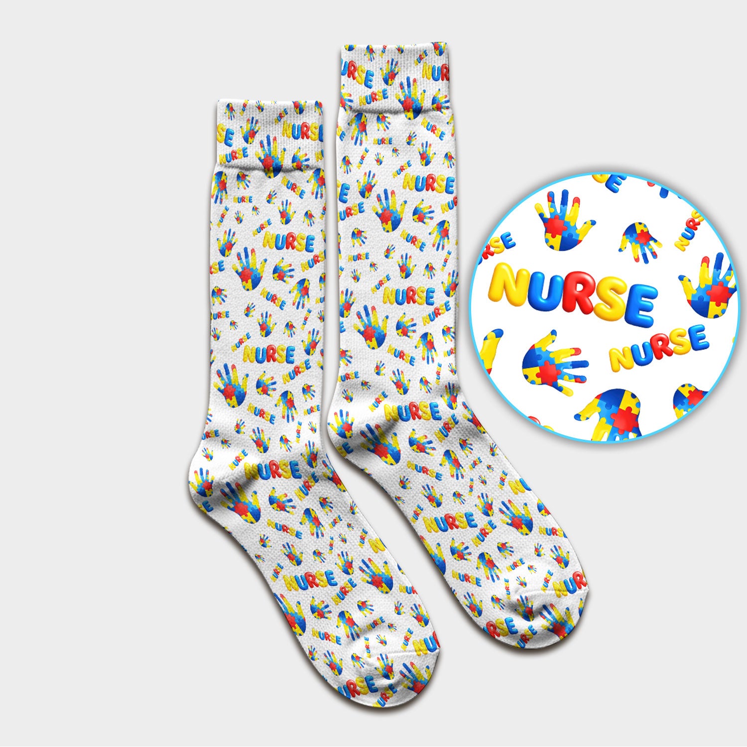 Colorful Autism Handprint Nurse Pattern Socks, Breathable Fabrics Medical Uniform