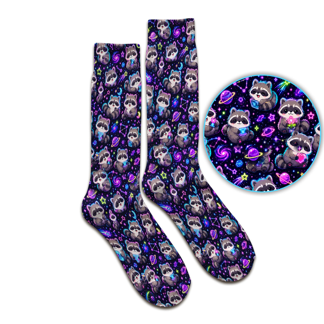 Neon Galaxy Raccoon Space Pattern Socks, Adult Socks for Men and Women