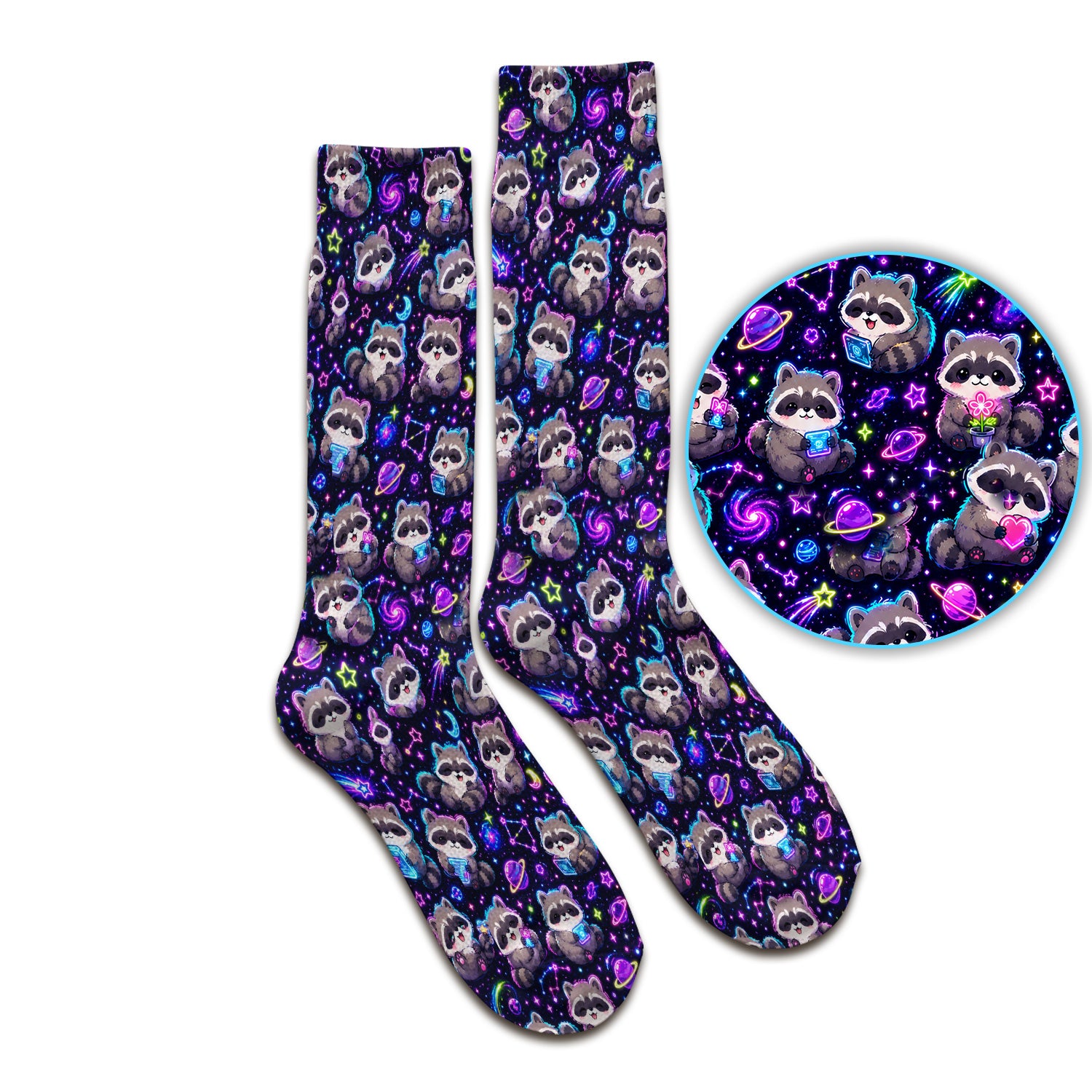Neon Galaxy Raccoon Space Pattern Socks, Adult Socks for Men and Women