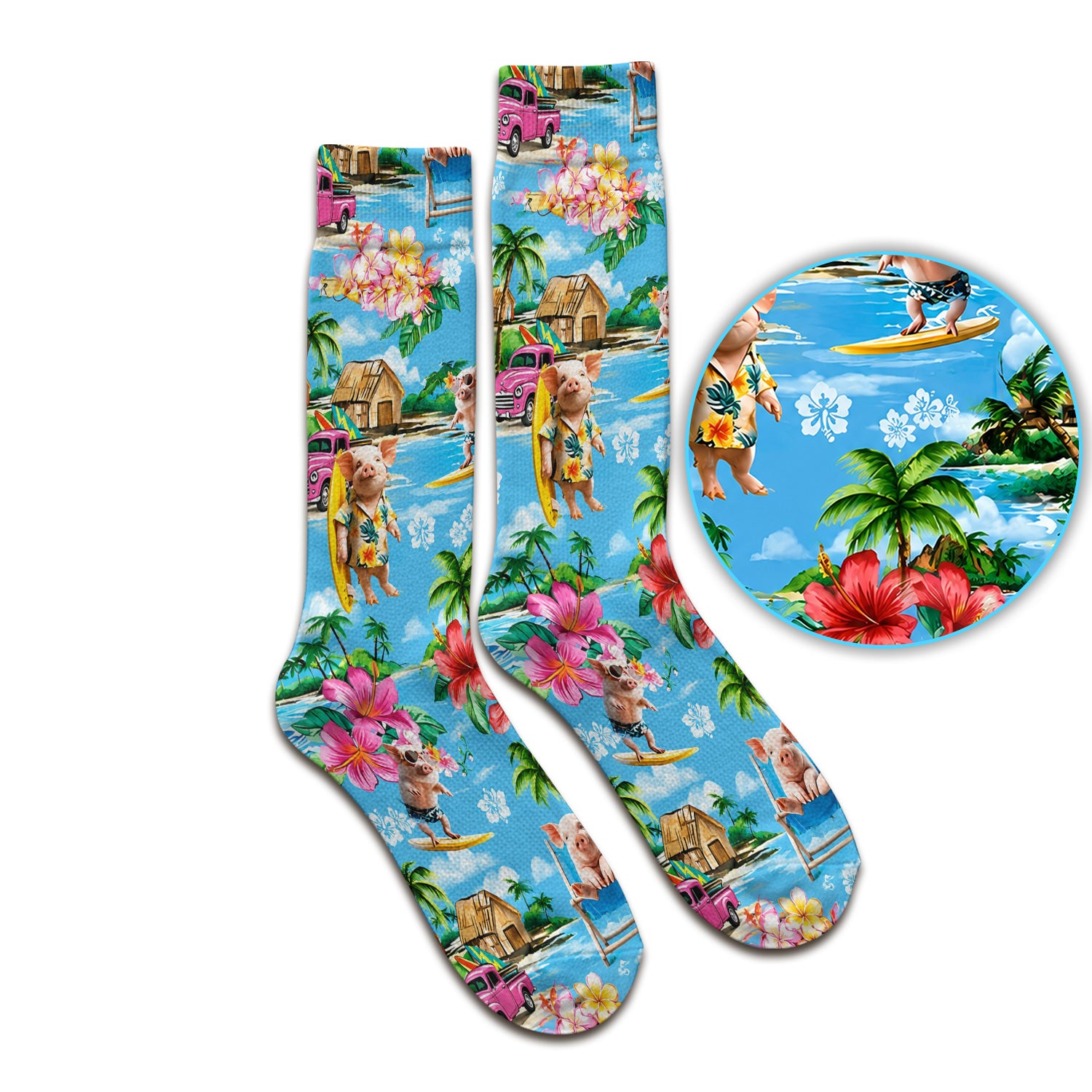Tropical Surfing Pig Beach Pattern Socks, Adult Socks for Men and Women