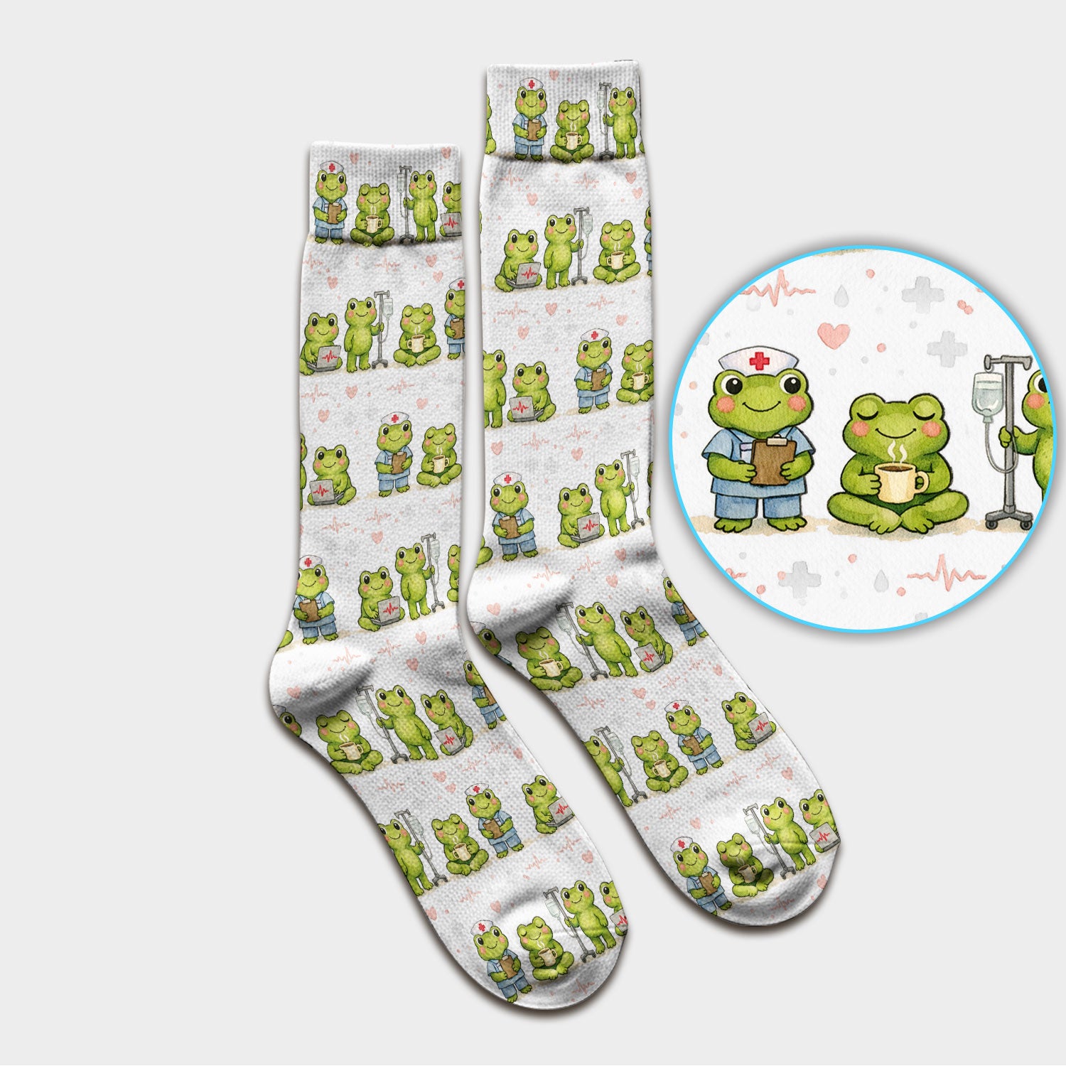 Adorable Frog Nurse Various Poses Print Socks, Breathable Fabrics Medical Uniform