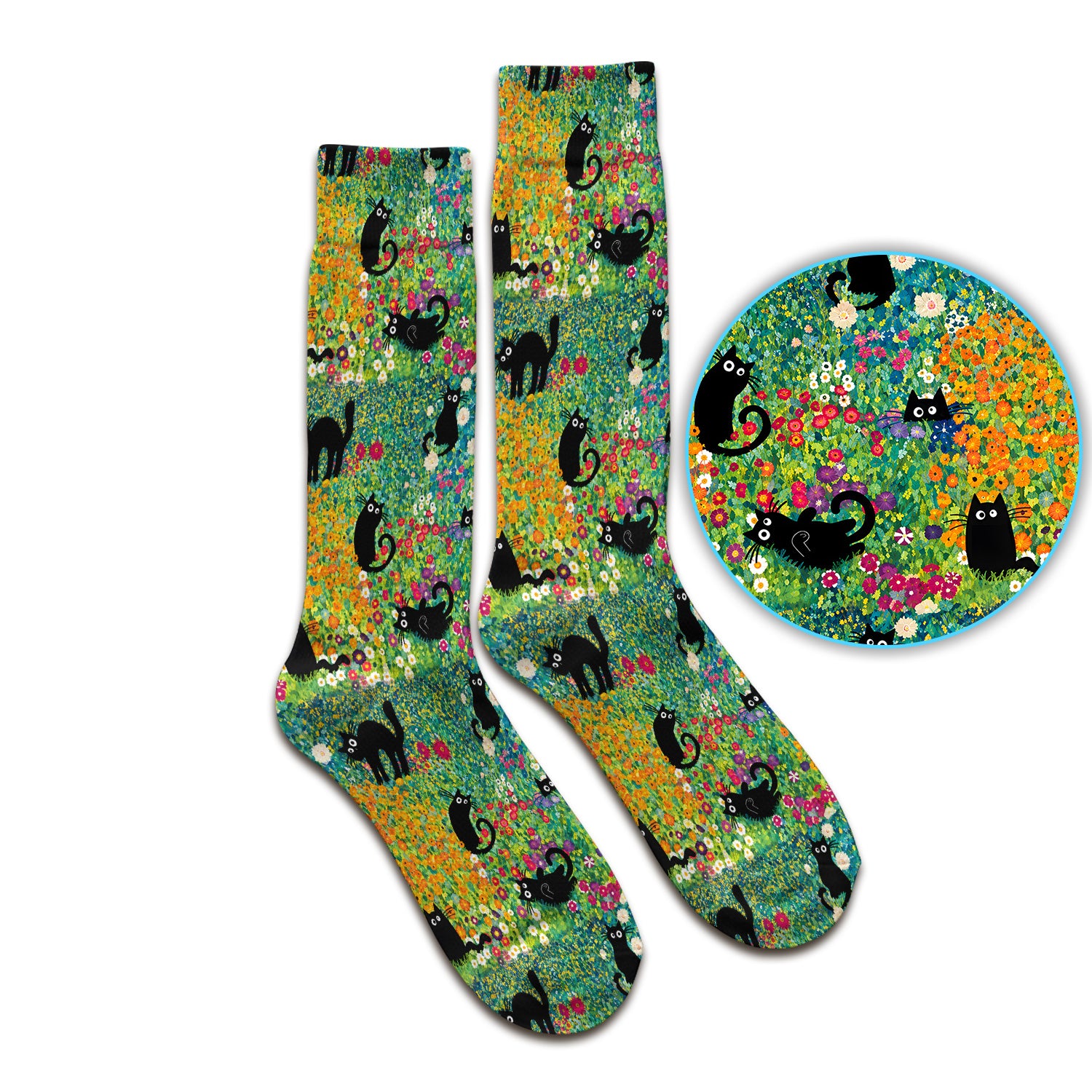 Black Cat Flower Garden Pattern Socks, Adult Socks for Men and Women