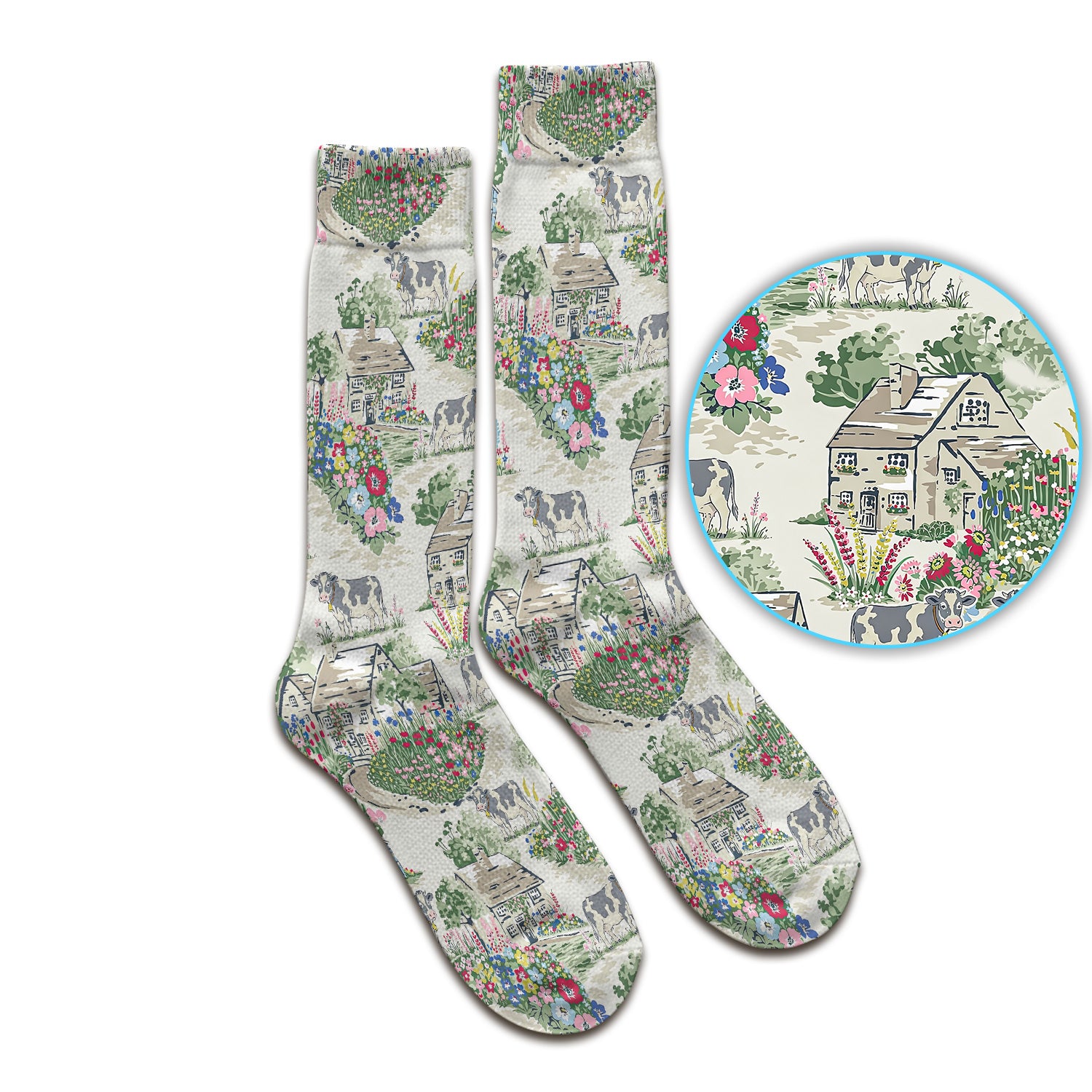 Charming Countryside Cows Cottage Garden Pattern Socks, Adult Socks for Men and Women