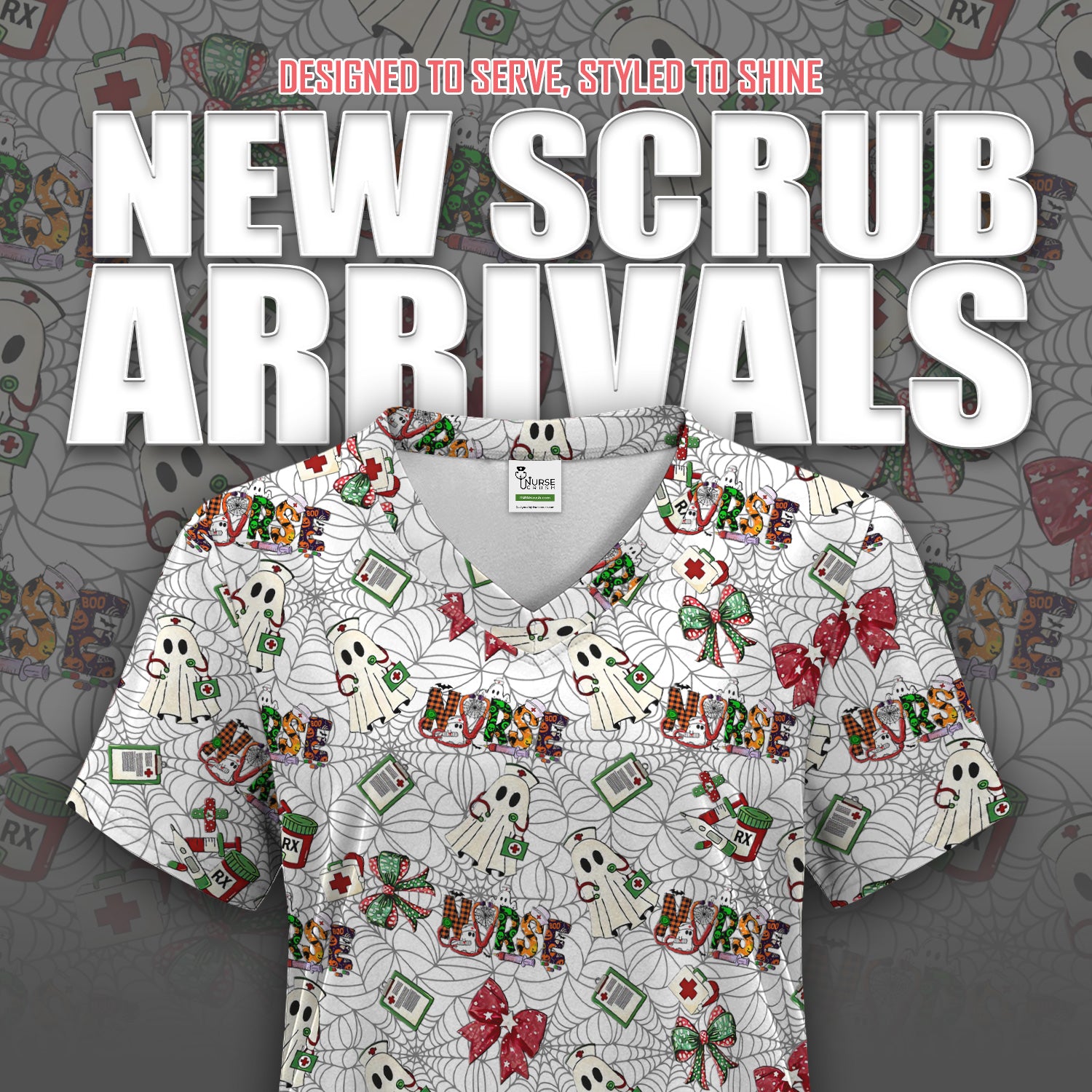 Halloween Nurse Scrub Top for Women - Cute Ghost and Spider Web Scrub Shirt Multi Color - Funny Nursing Work Shirt with Pockets