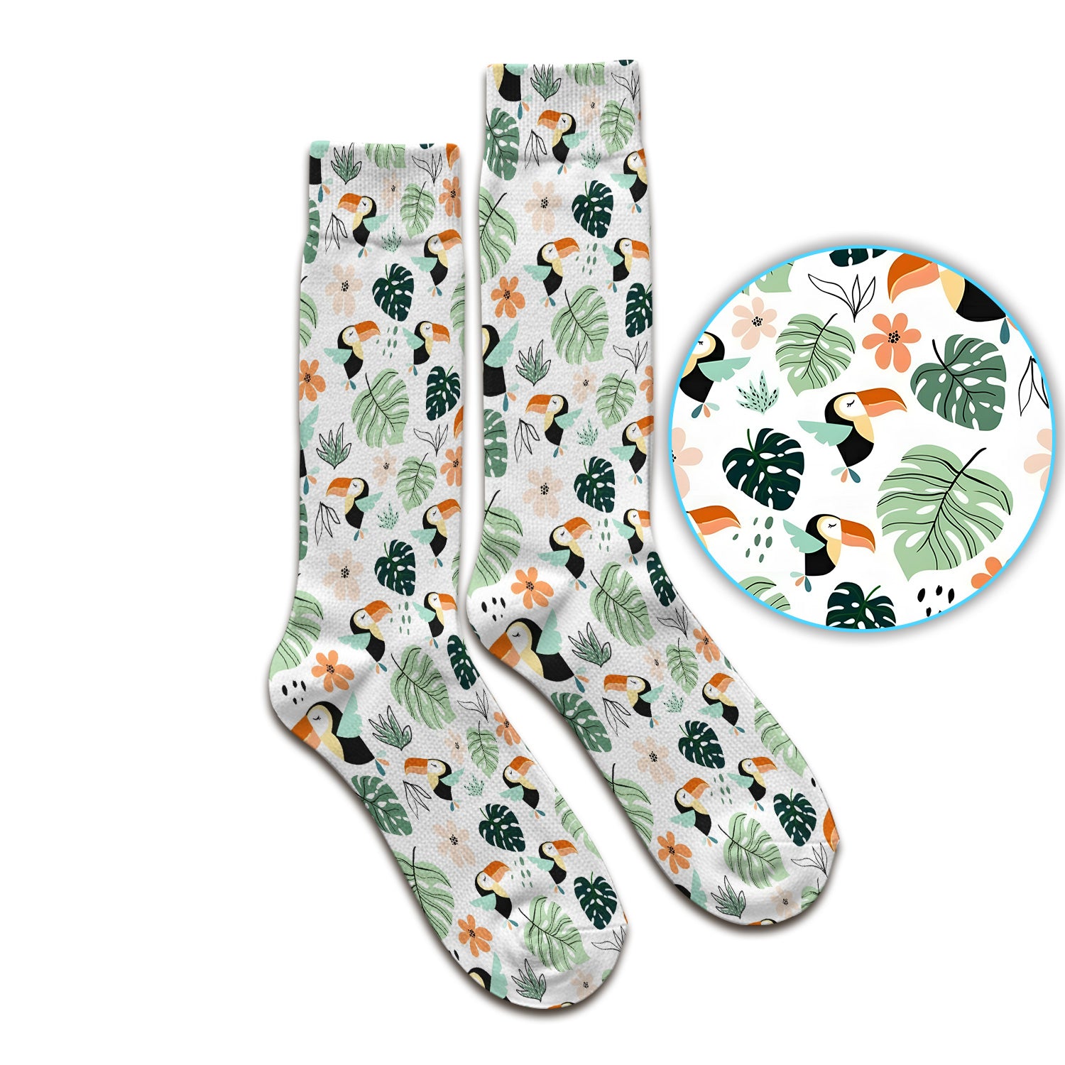 Tropical Toucan Leaf Floral Pattern Socks, Adult Socks for Men and Women