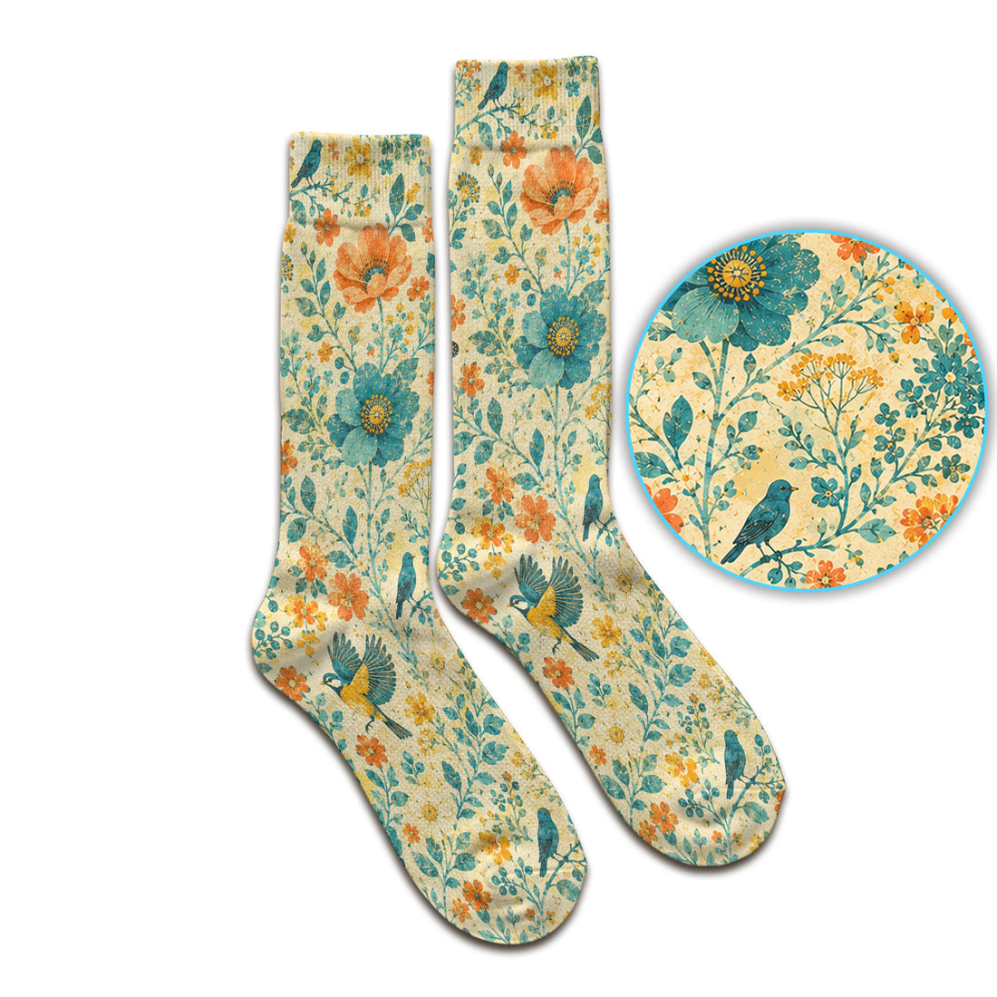 Vintage Floral Bird Butterfly Pattern Socks, Adult Socks for Men and Women