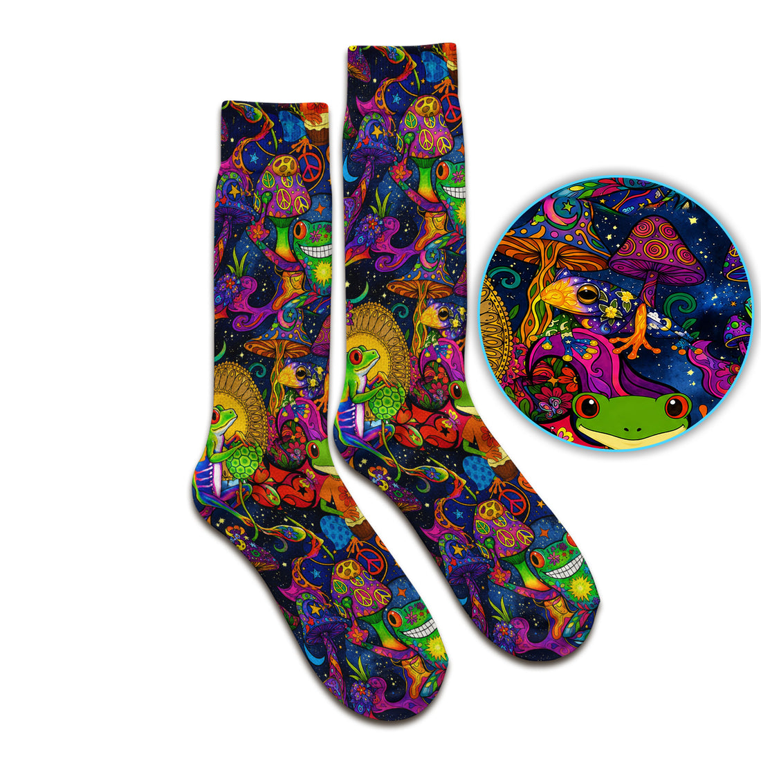 Psychedelic Frog with Mushroom Peace Print Socks, Adult Socks for Men and Women