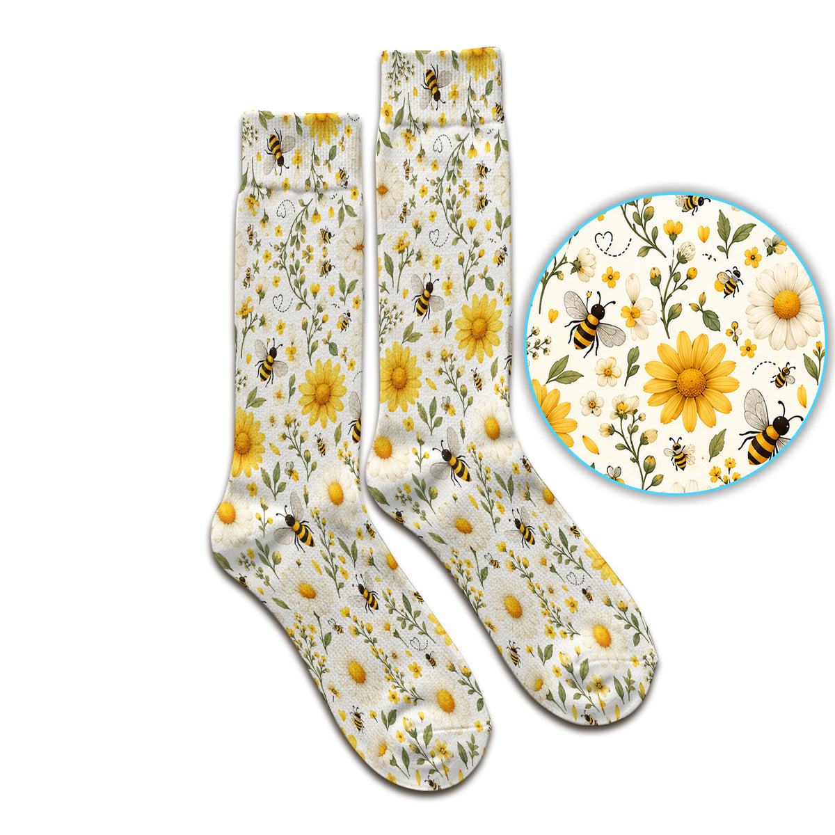Cute Honey Bee And Daisy Pattern Socks, Adult Socks for Men and Women