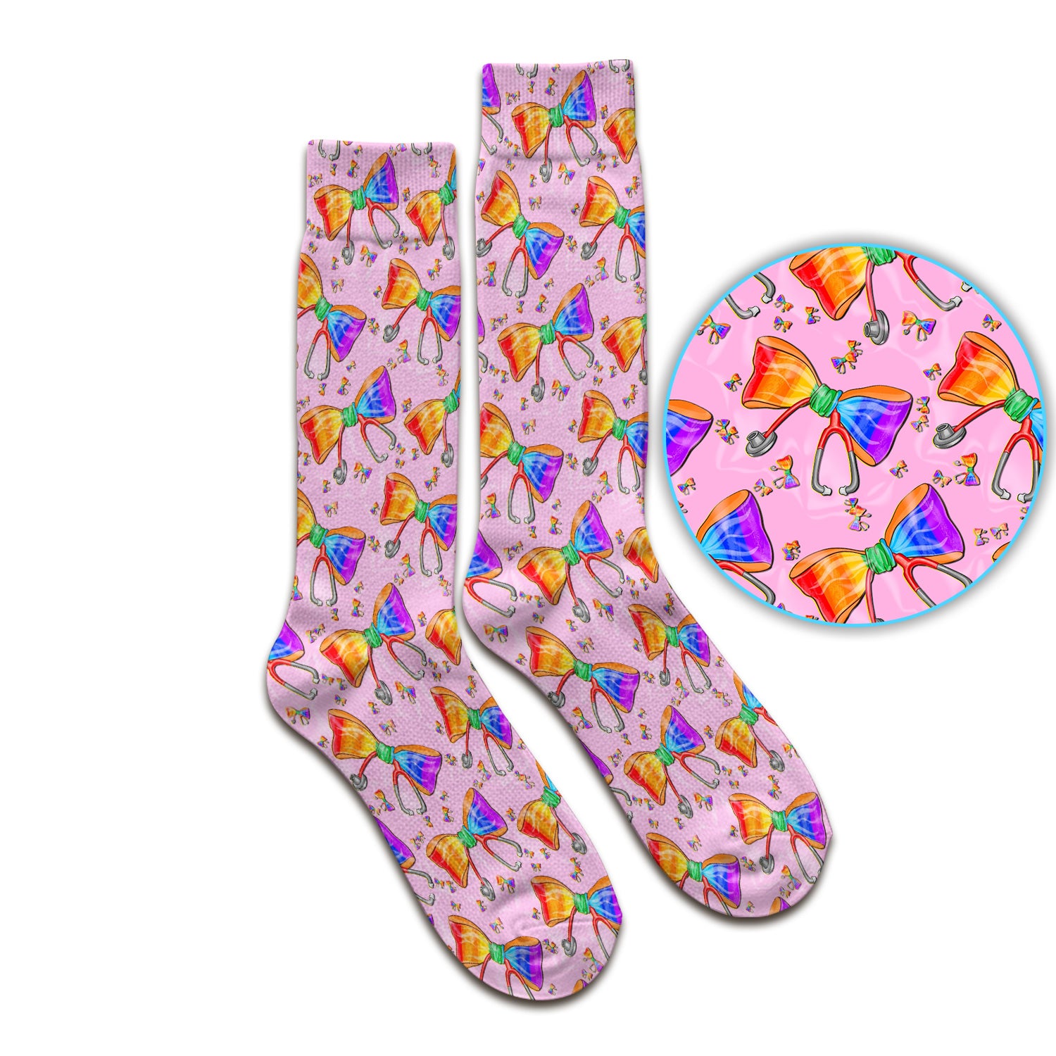 Colorful Rainbow Bow Stethoscope Pattern Socks, Breathable Fabrics Medical Uniform