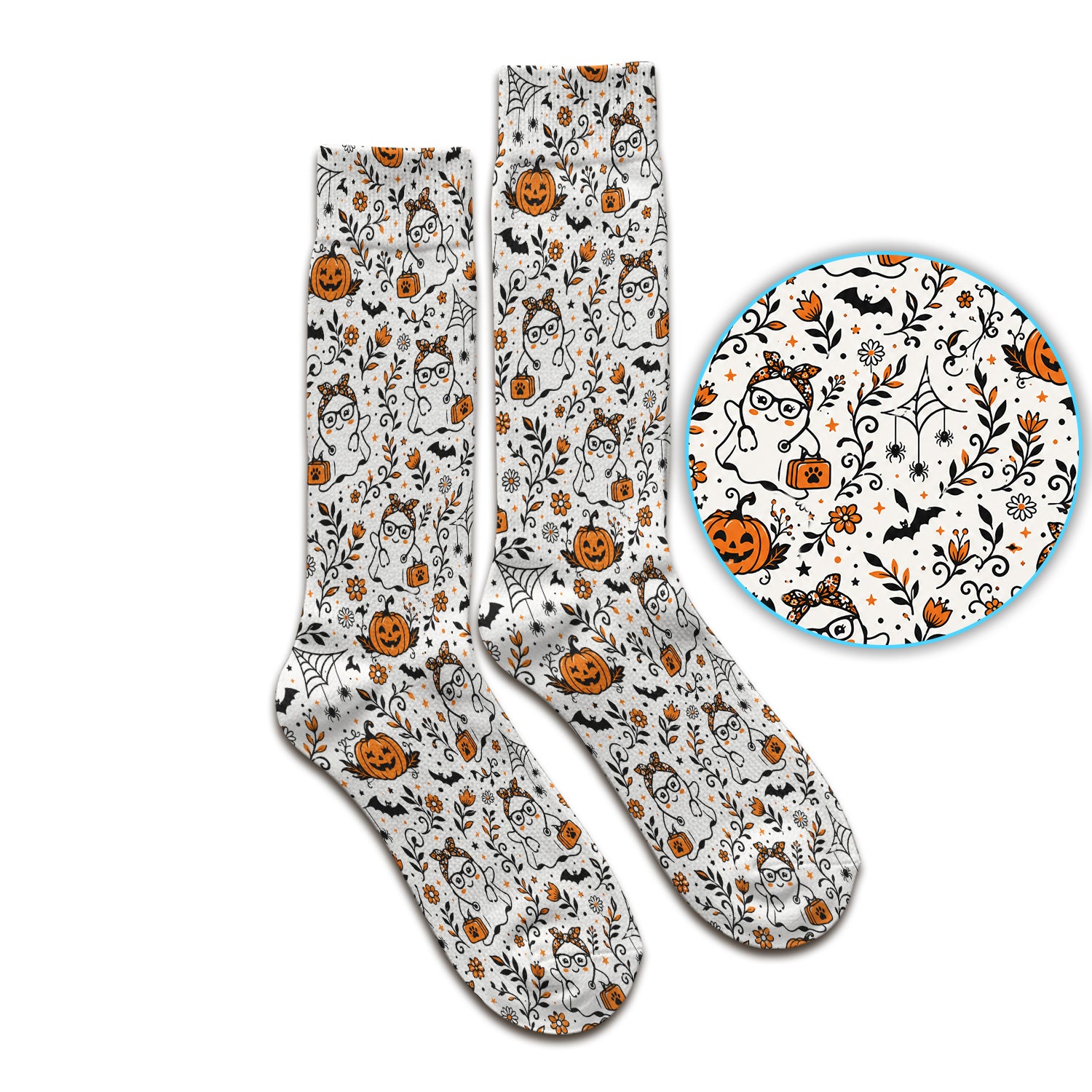 Cute Halloween Nurse Ghost And Pumpkins Socks, Adult Socks for Men and Women
