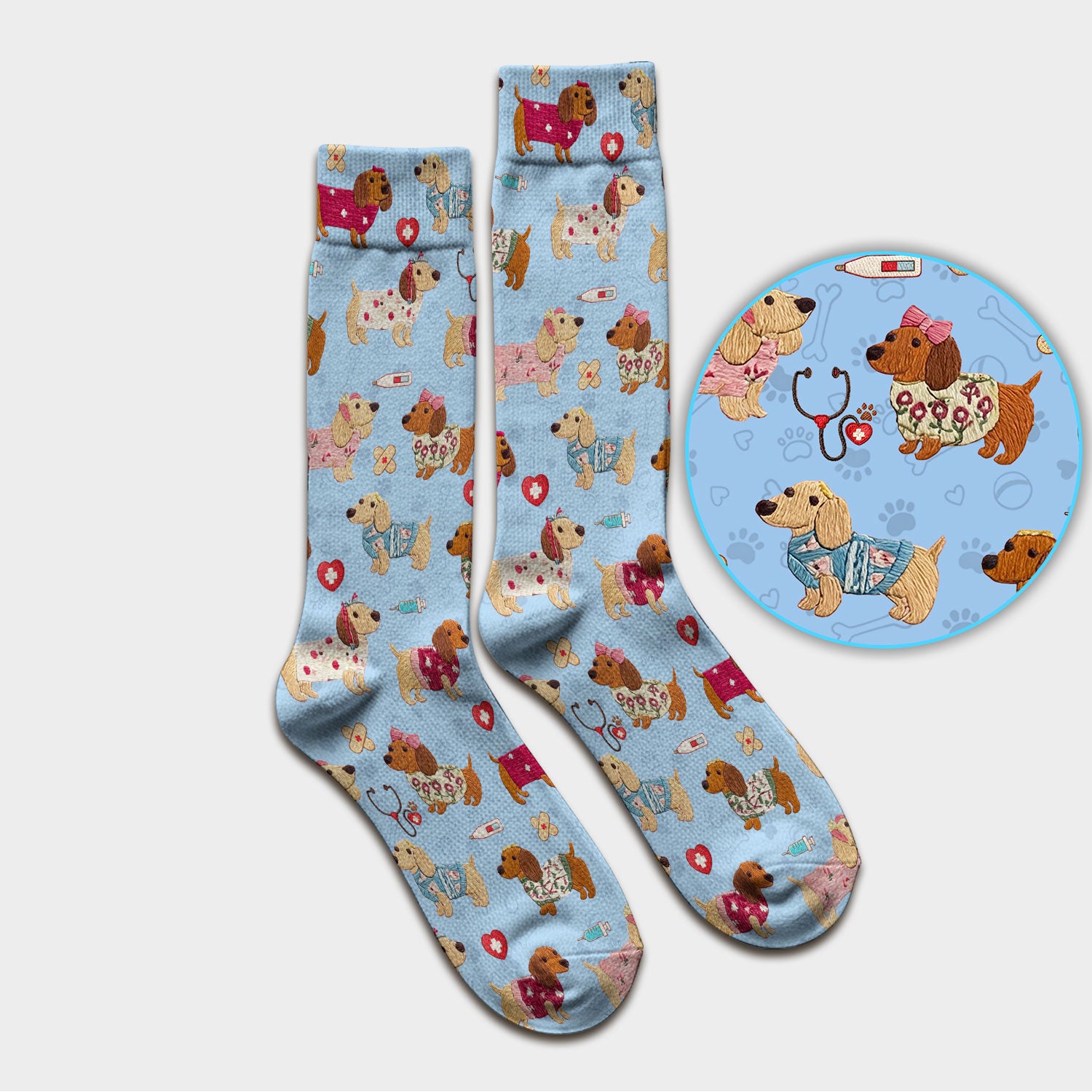 Cute Medical Wiener Dog Pattern Nurse Socks, Dachshund Nursing Scrub Sock, Breathable Fabrics Nursing Uniform