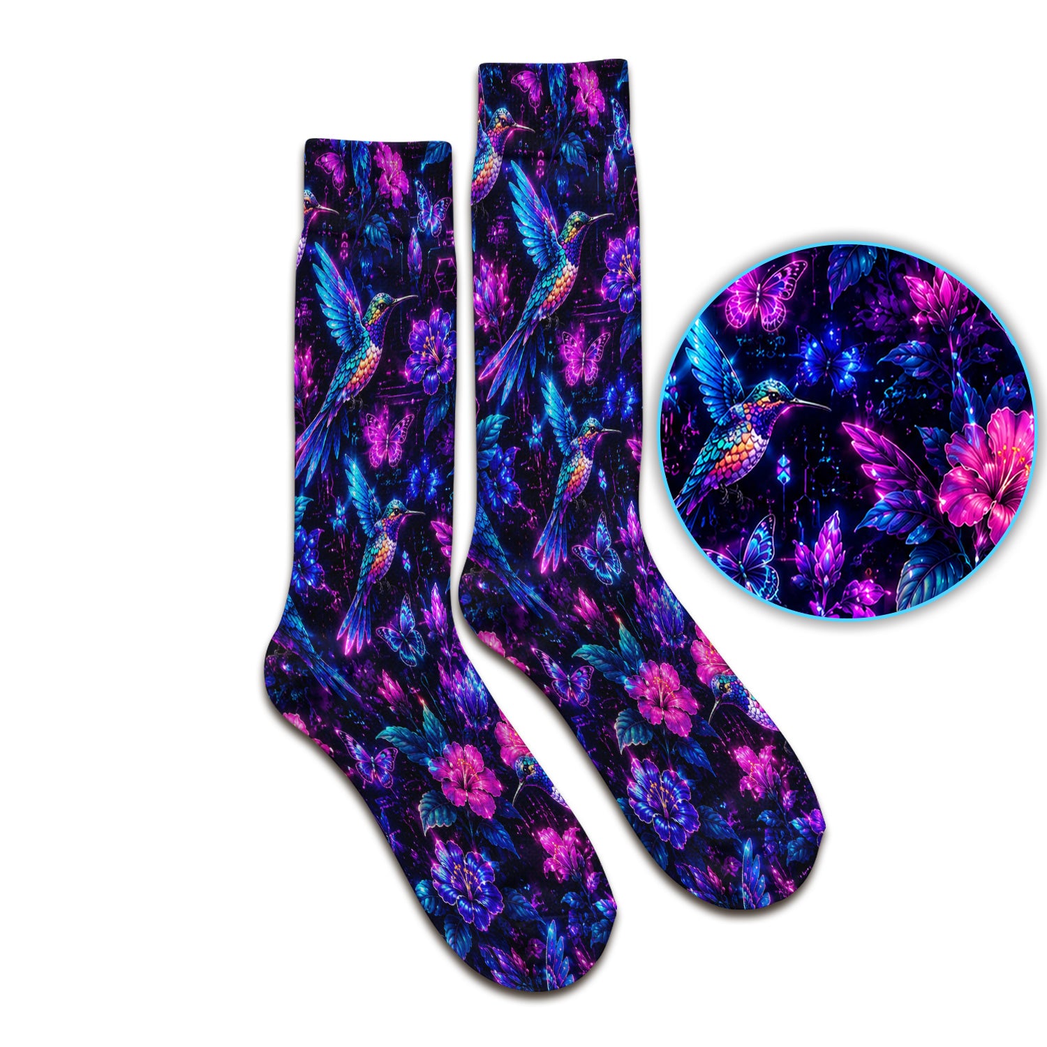 Neon Hummingbird Butterfly Bloom Pattern Socks, Adult Socks for Men and Women