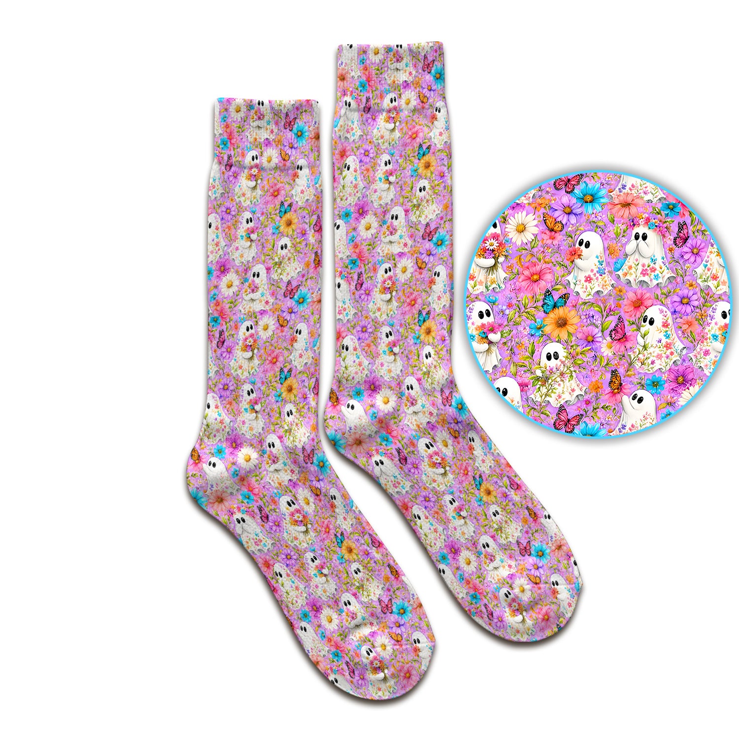 Cute Halloween Floral Ghosts And Butterflies Socks, Adult Socks for Men and Women