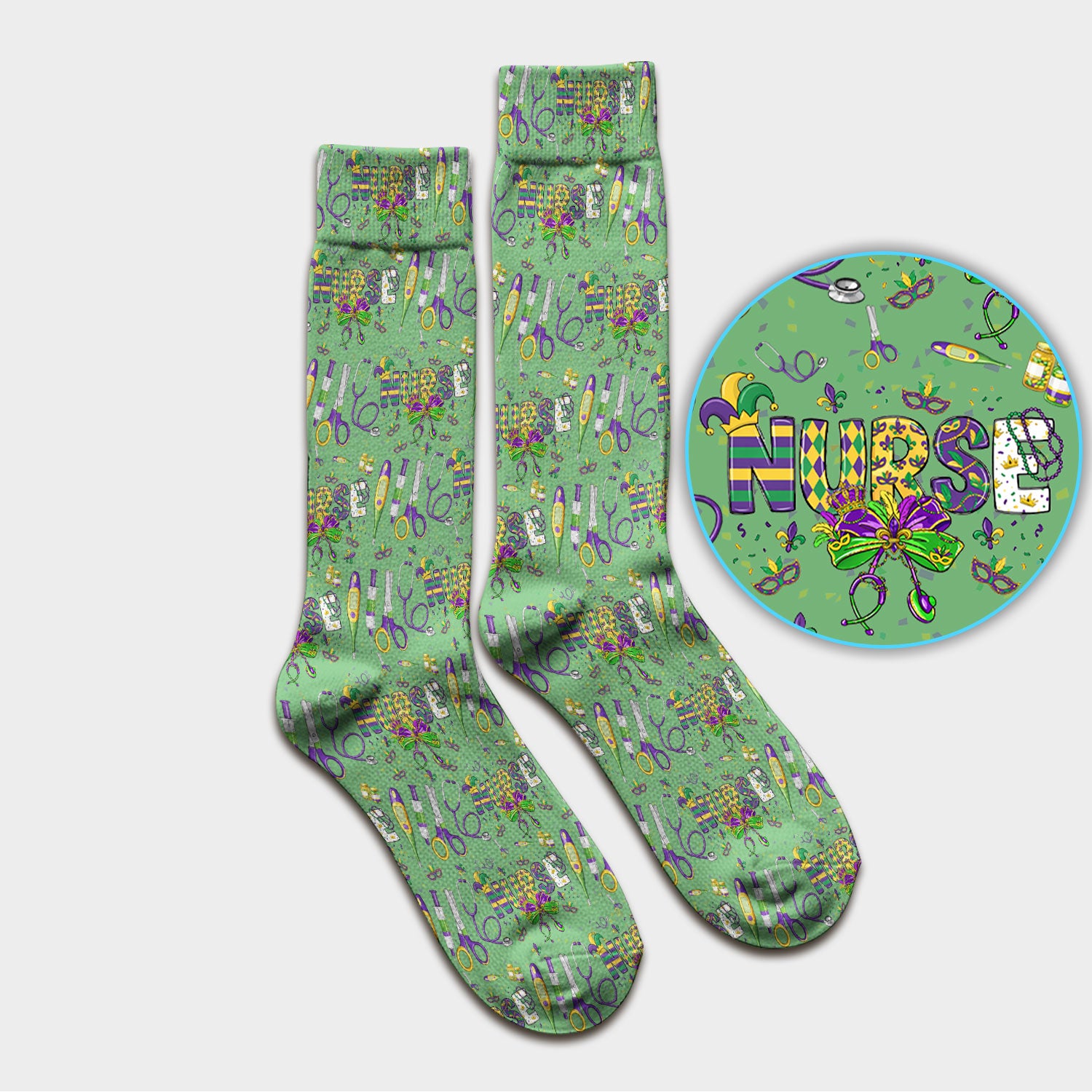 Mardi Gras Nurse Scrub Socks, Holiday Medical Pattern Nurse Sock, Breathable Fabrics Nursing Uniform