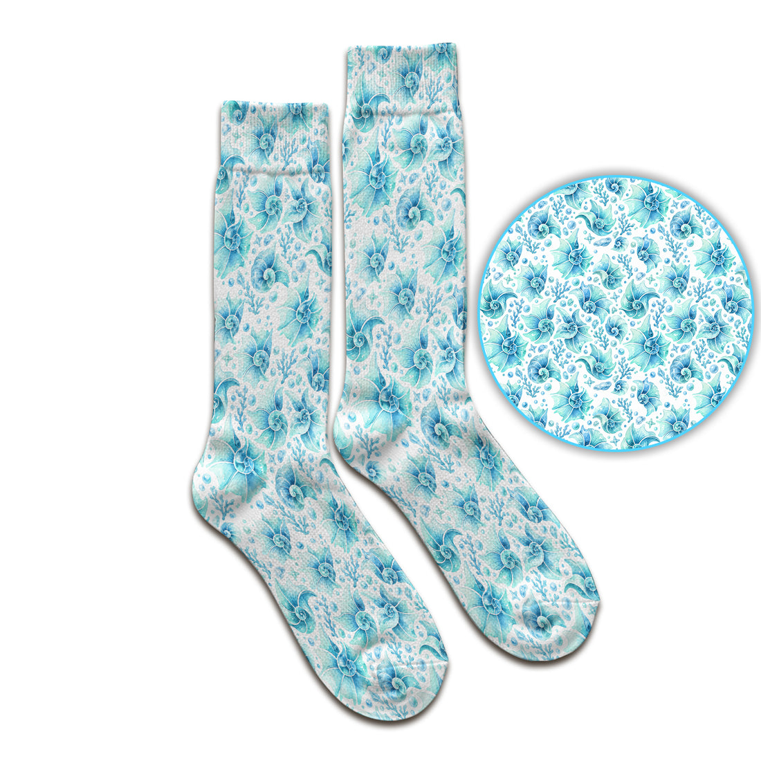 Blue Watercolor Seashell Pattern Socks, Adult Socks for Men and Women
