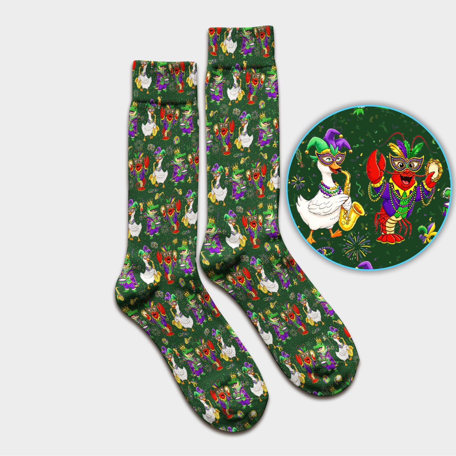 Crawfish And Duck Carnival Scrub Socks, Mardi Gras Parade Pattern Nurse Sock, Breathable Fabrics Nursing Uniform