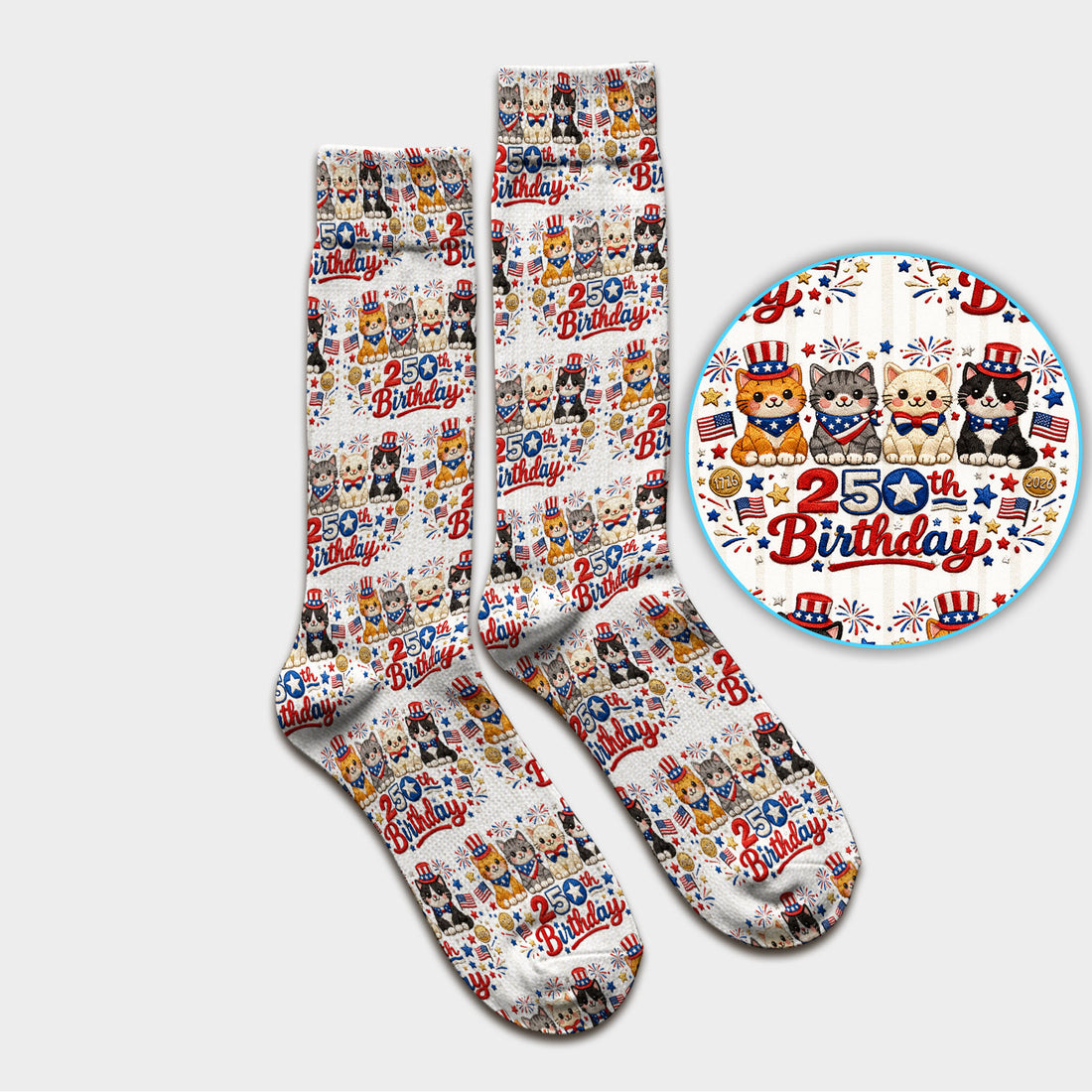 America 250th Anniversary Cat Pattern Print Socks, Adult Socks for Men and Women