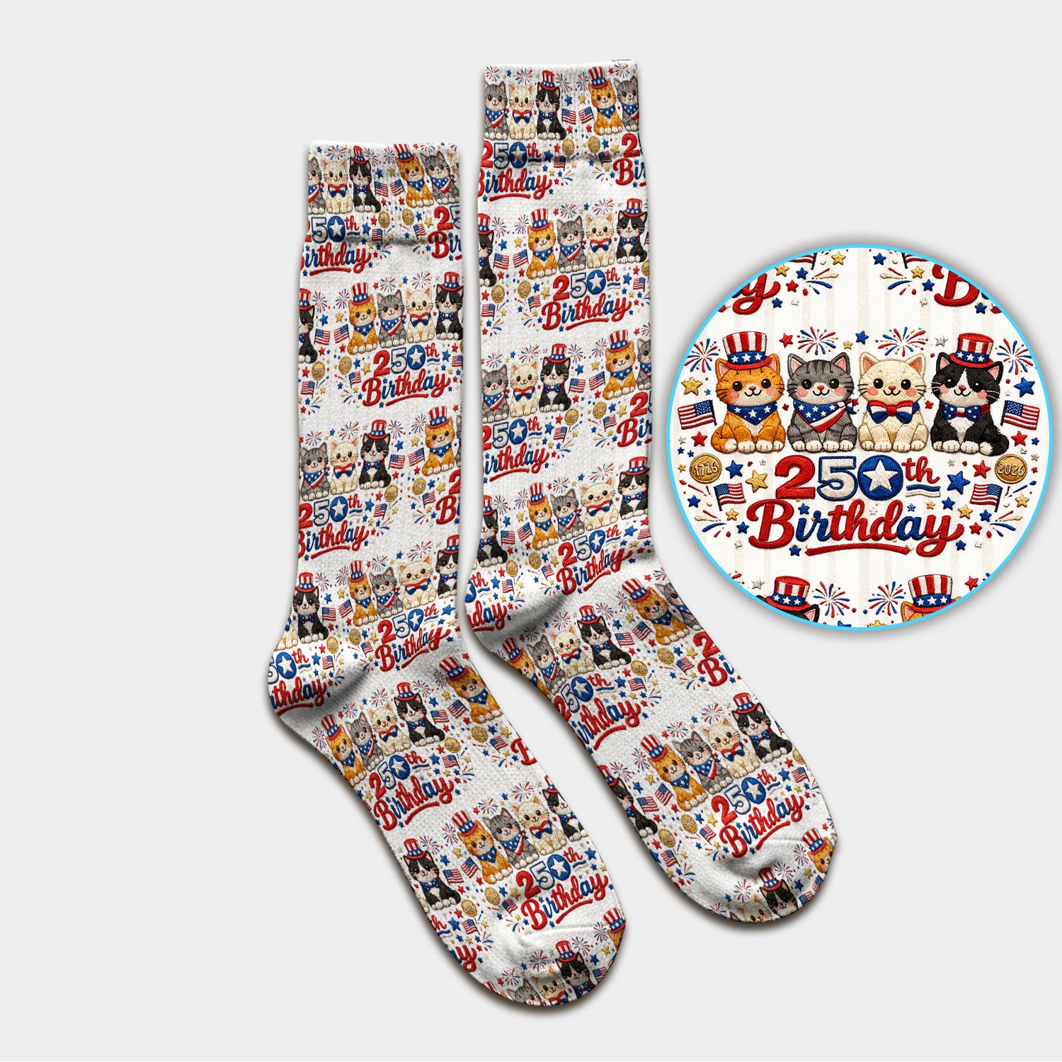 America 250th Anniversary Cat Pattern Print Socks, Adult Socks for Men and Women